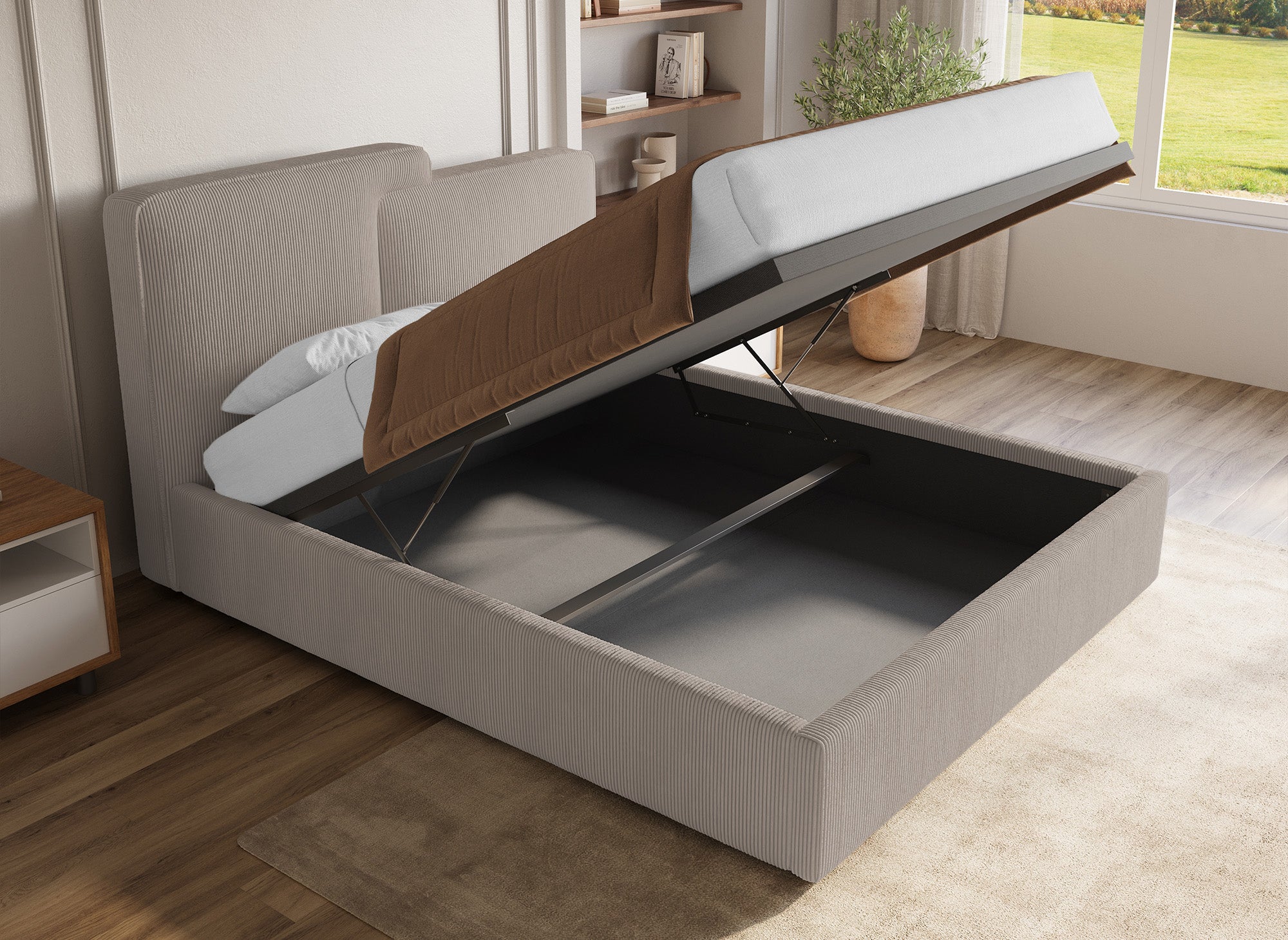 ZELIA Bett mit Stauraum aus Cord in Taupe 160x200 cm