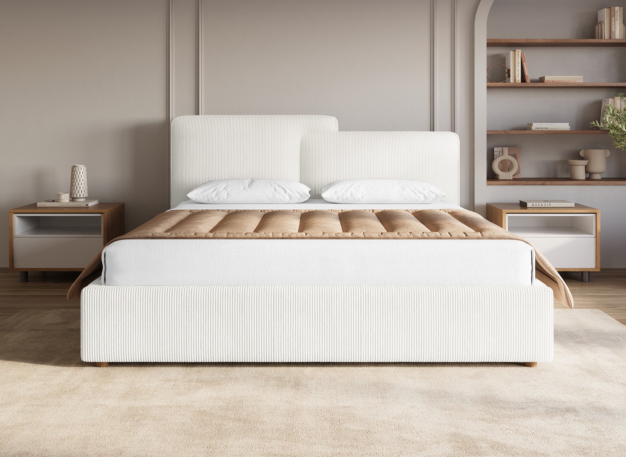 ZELIA Bett mit Stauraum aus ecrufarbenem Cord 160x200 cm