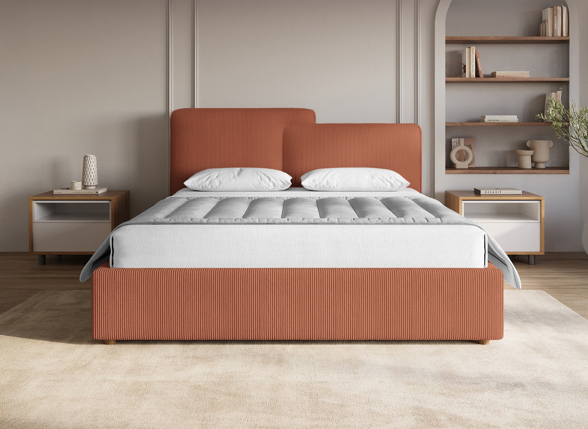 ZELIA Bett mit Stauraum aus Cord in Terrakotta 140x190 cm