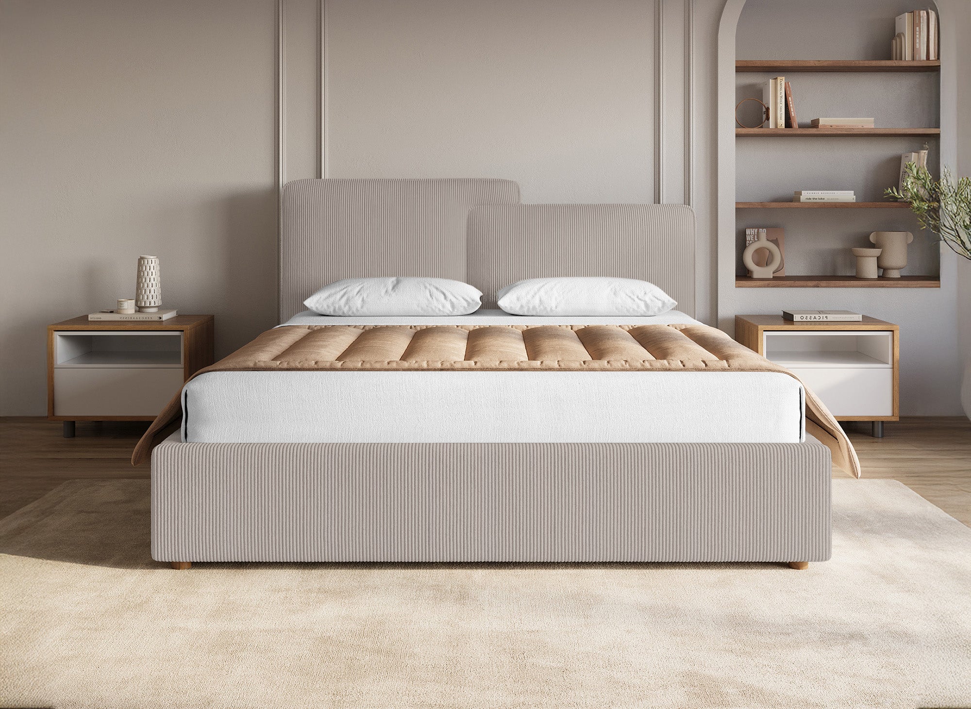 ZELIA Bett mit Stauraum aus Cord in Taupe 140x190 cm