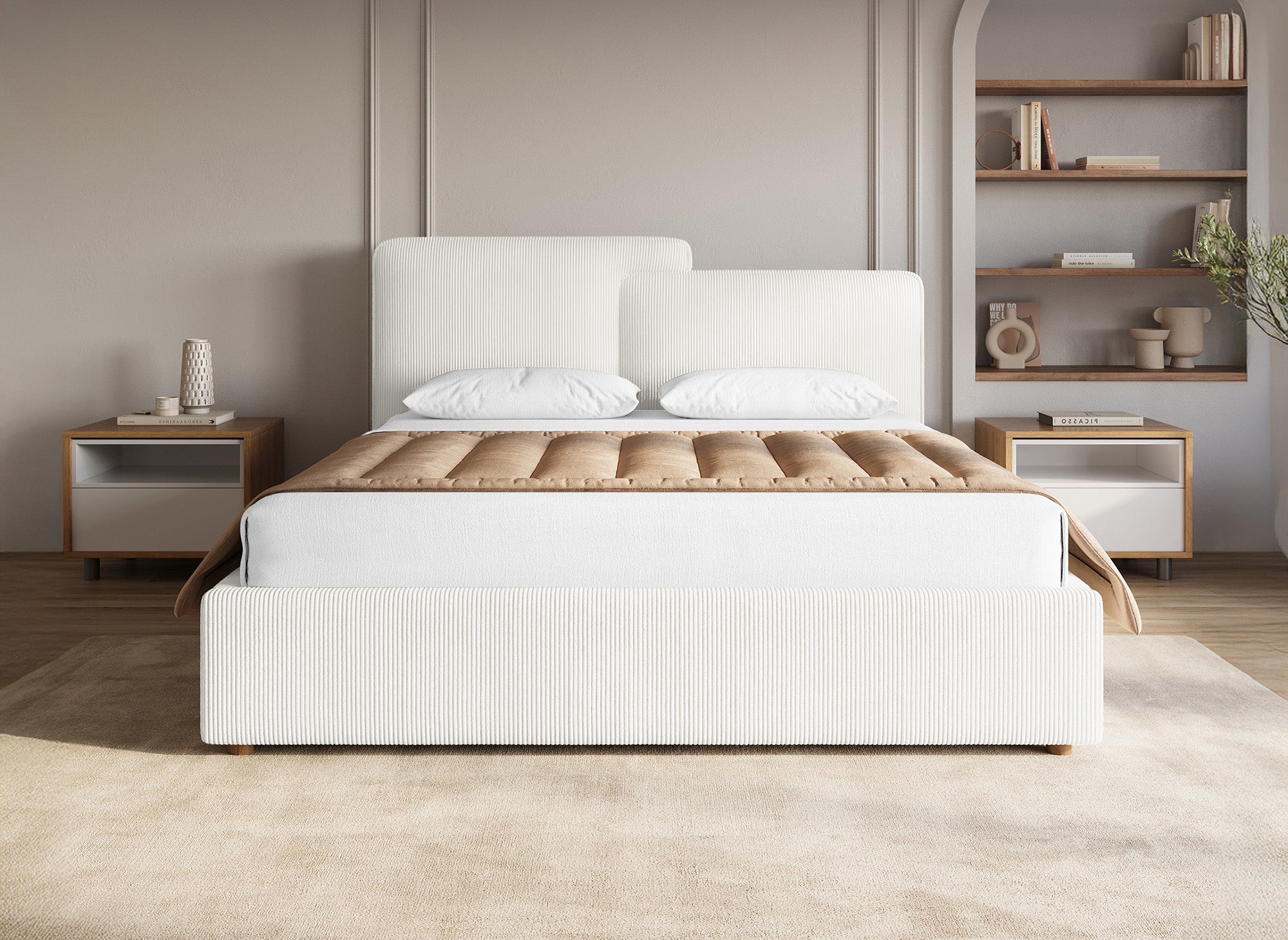 ZELIA Bett mit Stauraum aus ecrufarbenem Cord 140x190 cm