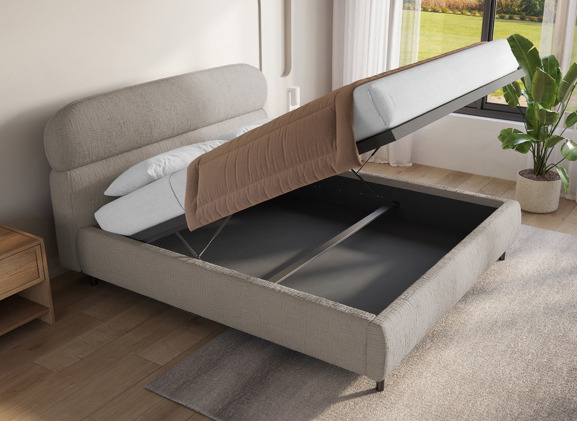 MELO Bett mit Stauraum, 180 x 200 cm, Samt, taupefarben meliert