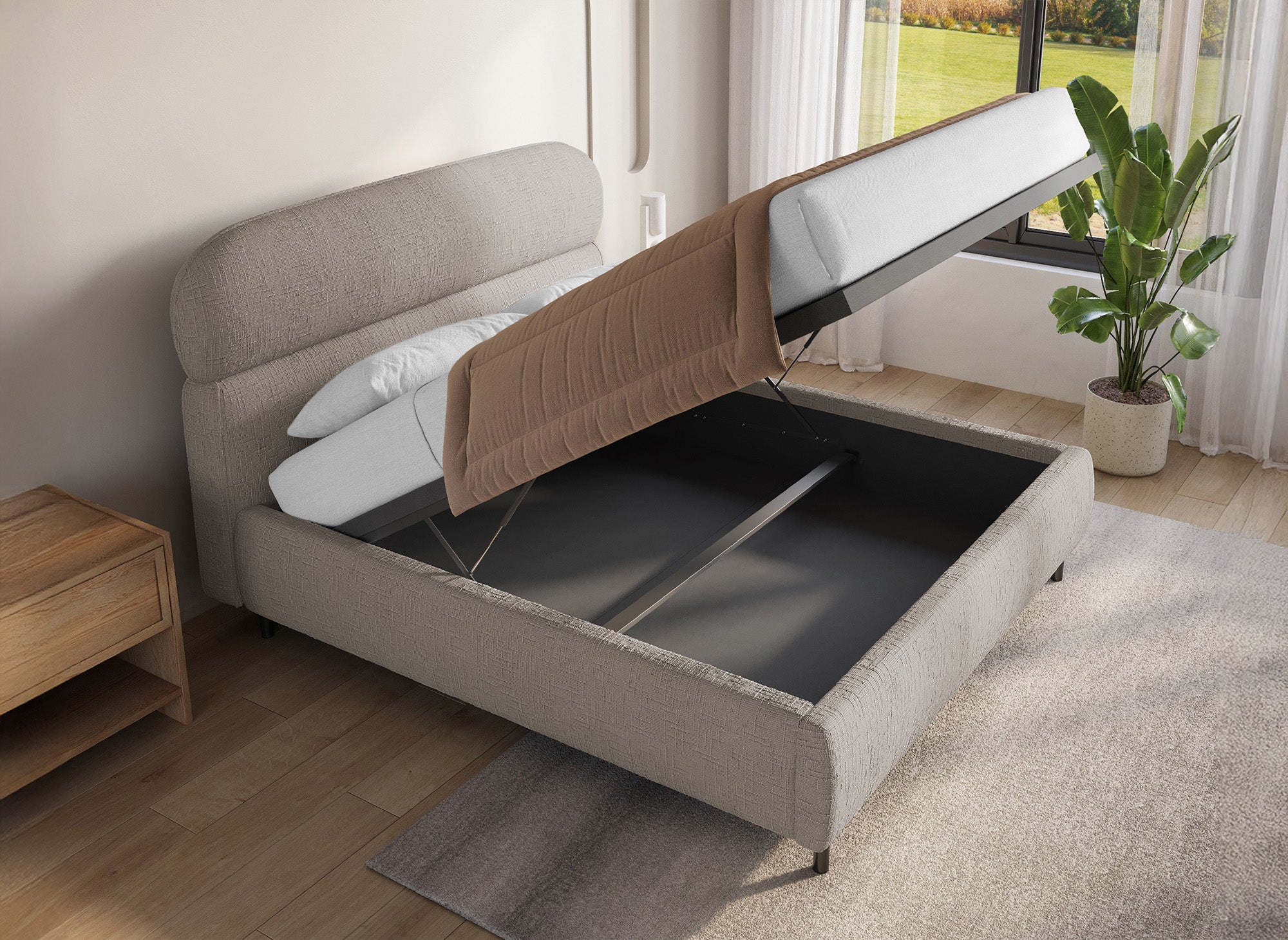 MELO Bett mit Stauraum, 140 x 190 cm, taupefarben melierter Samt