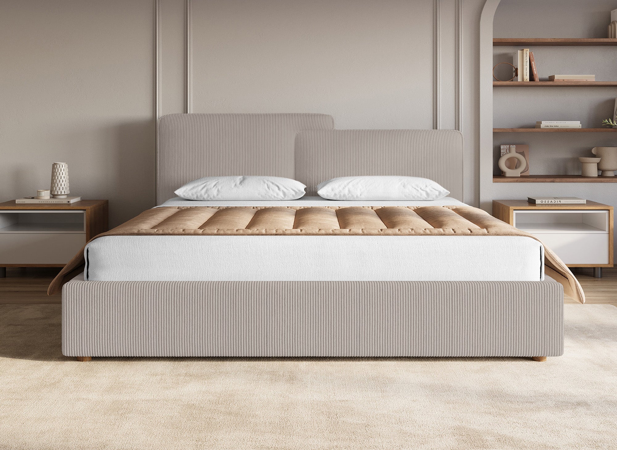 ZELIA Bett mit Stauraum aus Cord in Taupe 180x200 cm