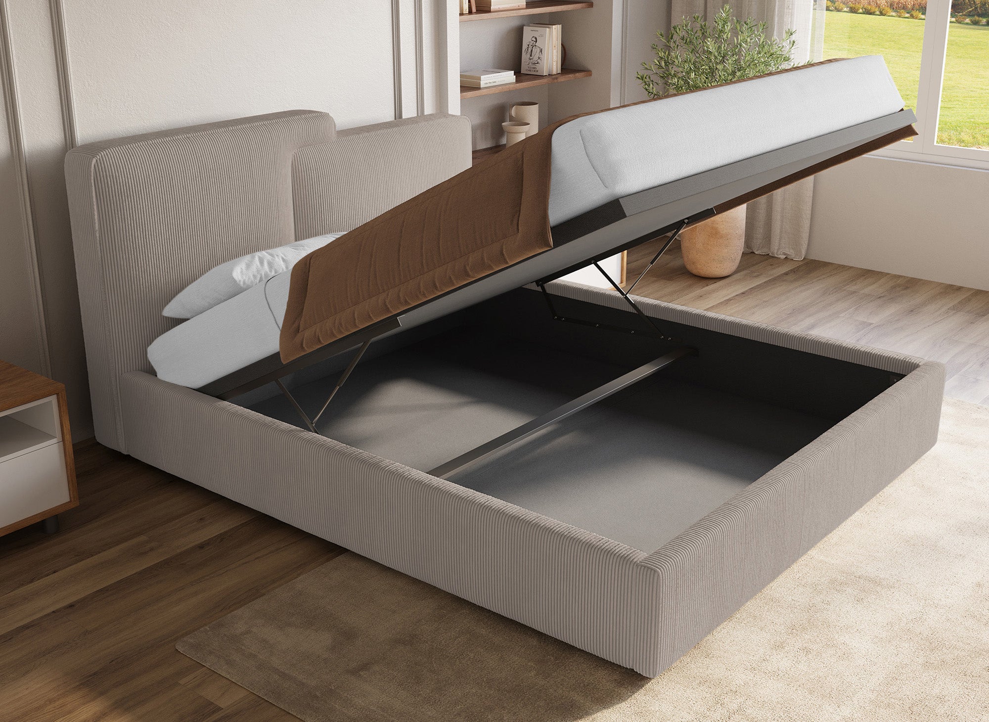 ZELIA Bett mit Stauraum aus Cord in Taupe 180x200 cm