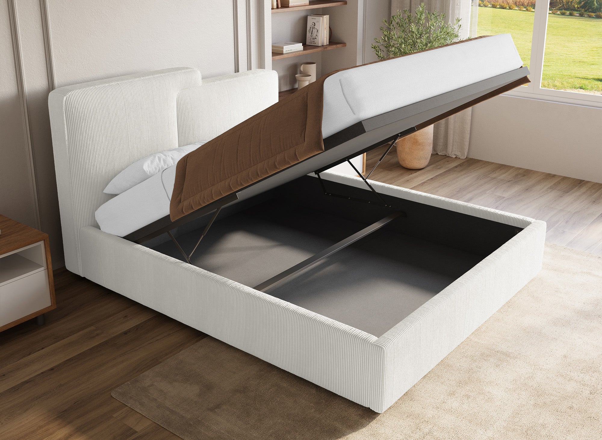 ZELIA Bett mit Stauraum aus ecrufarbenem Cord 160x200 cm