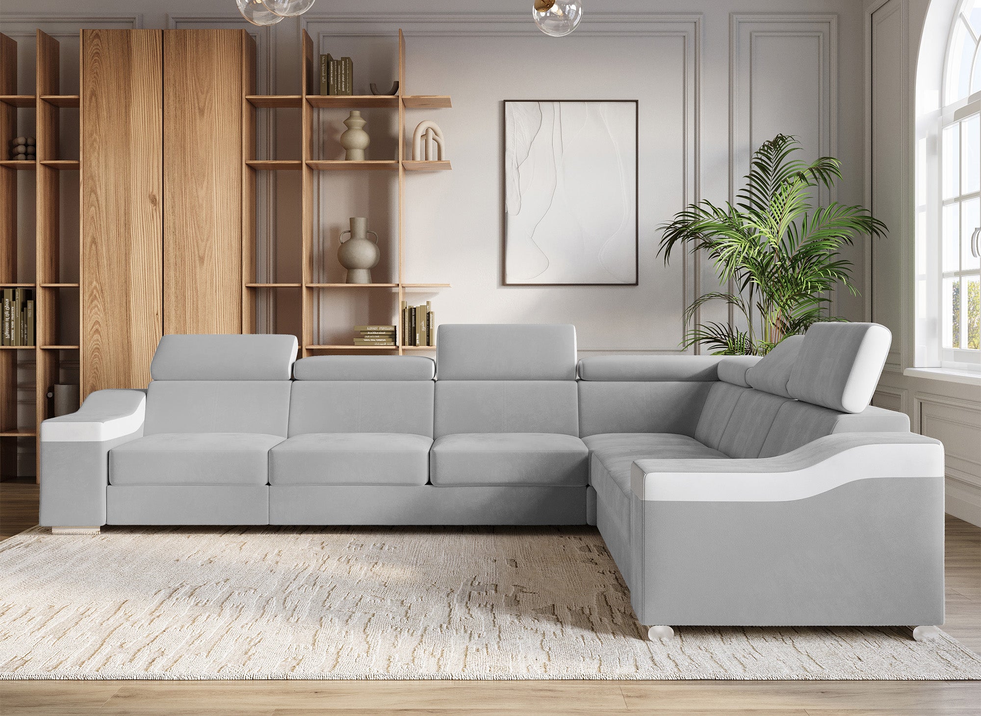 LEONIE Wende-Ecksofa aus hellgrauem Samt und weißem Kunstleder