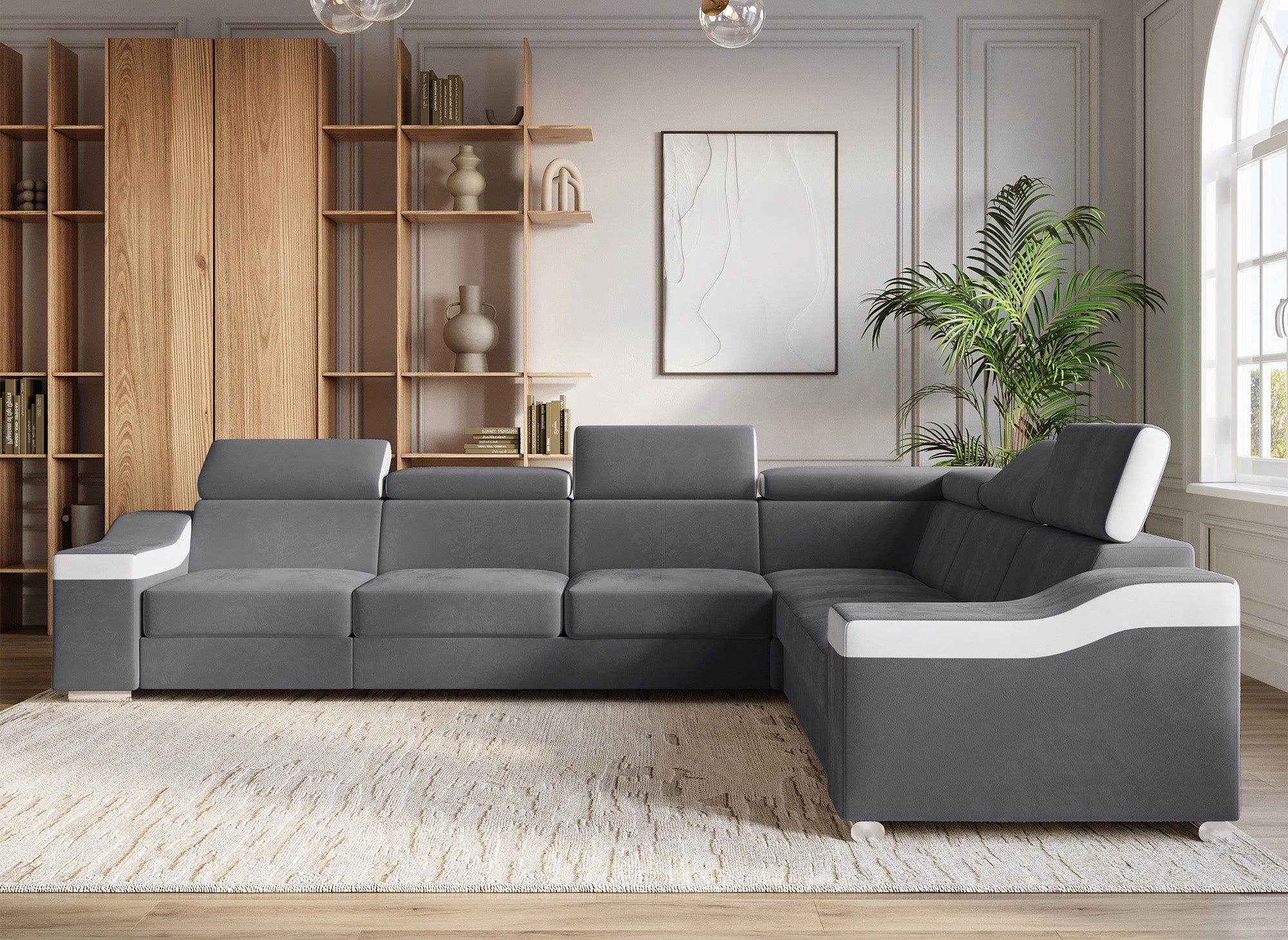 LEONIE Wende-Ecksofa aus grauem Samt und weißem Kunstleder