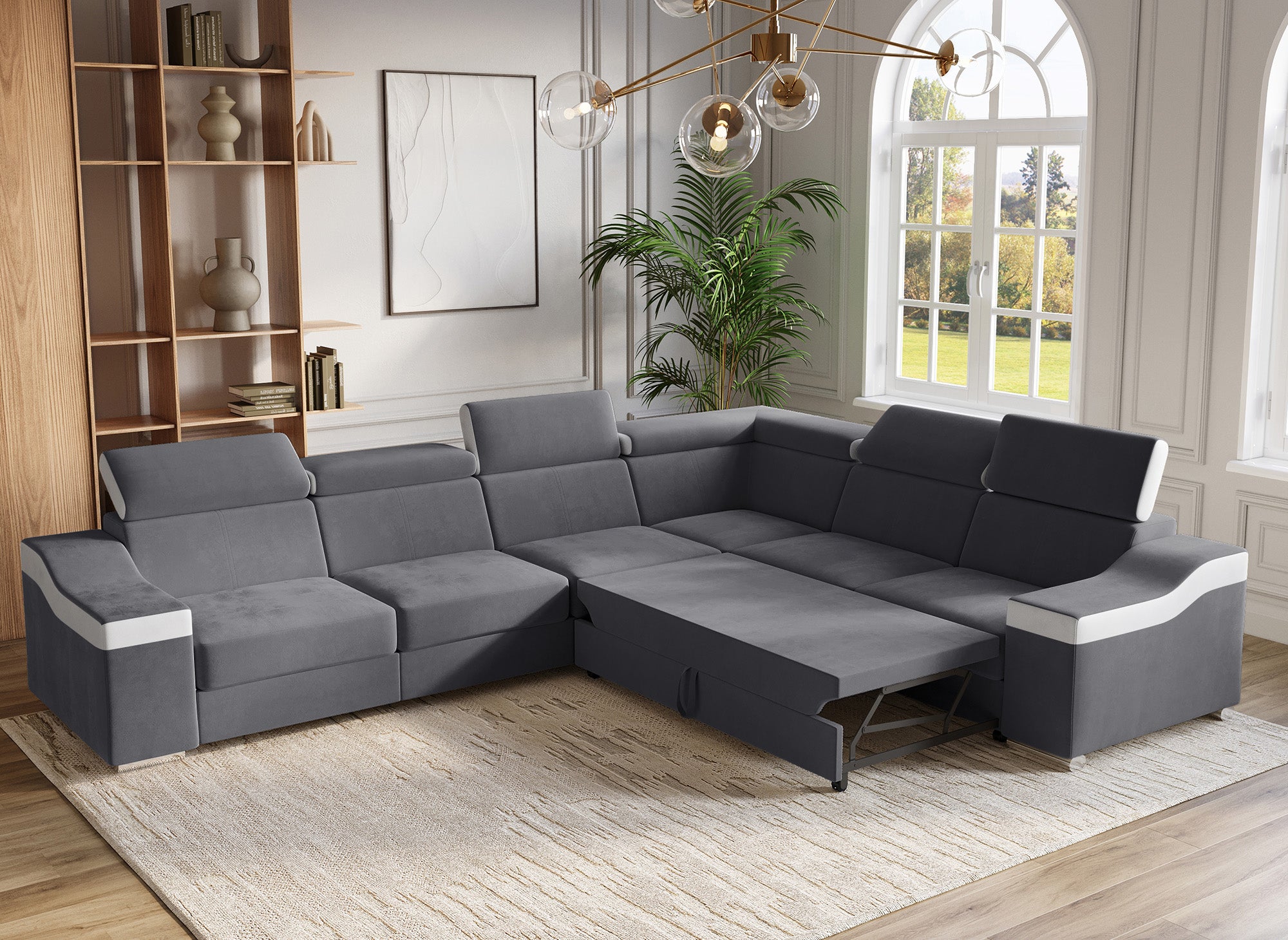 LEONIE Wende-Ecksofa aus grauem Samt und weißem Kunstleder