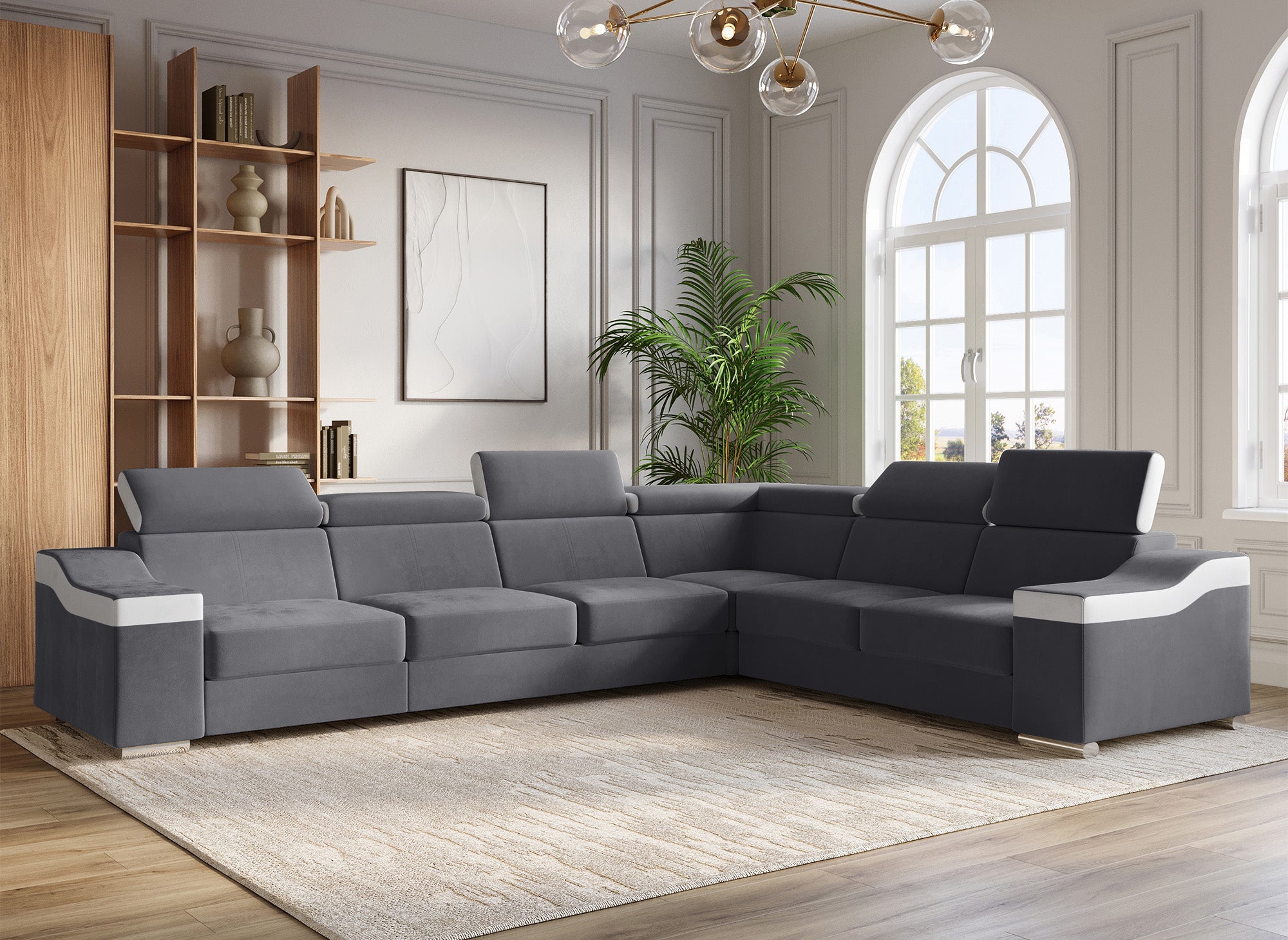 LEONIE Wende-Ecksofa aus grauem Samt und weißem Kunstleder