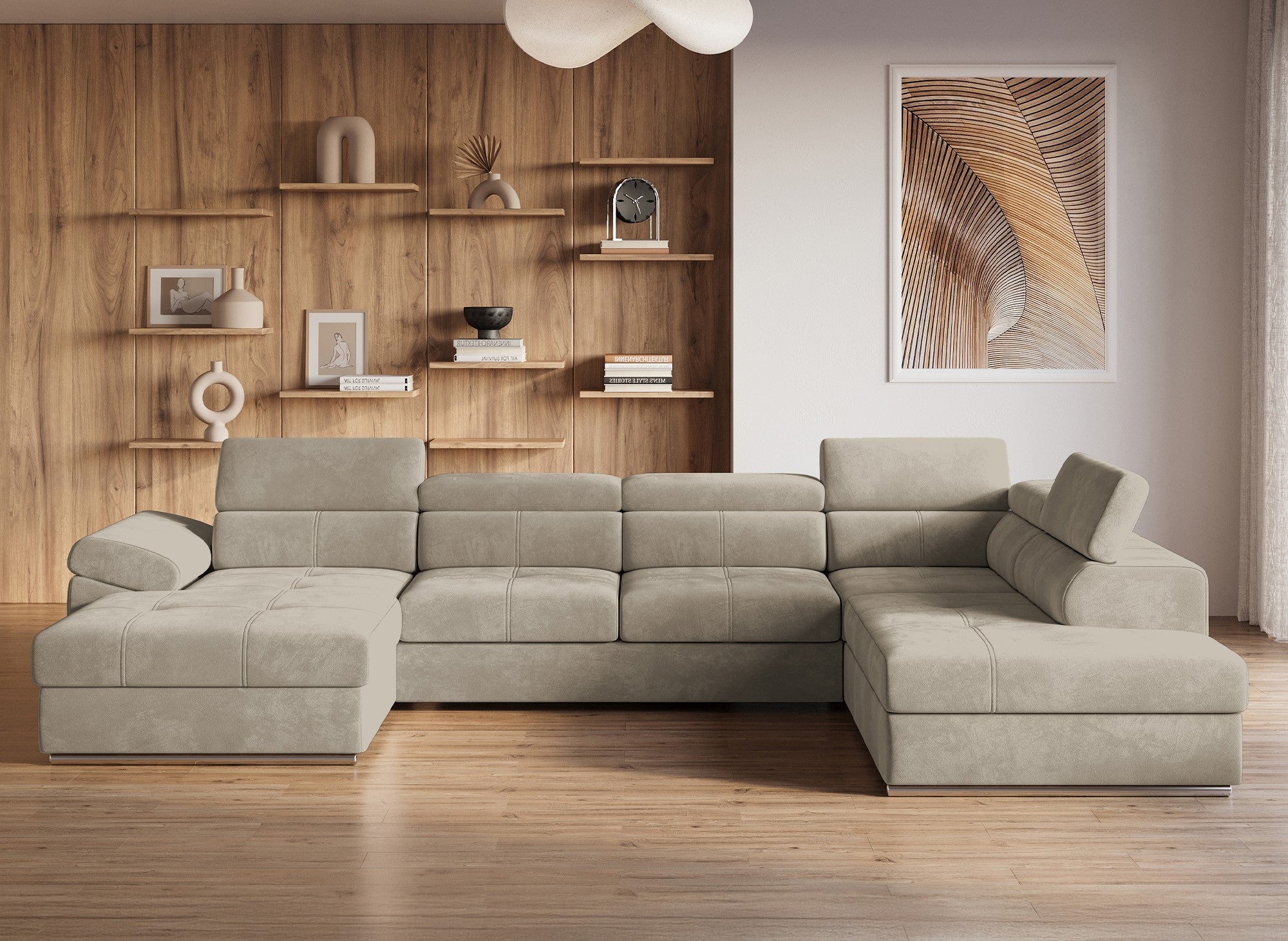 MARIANO Panorama-Sofa mit Stauraum aus taupefarbenem Samt – Linke Ecke