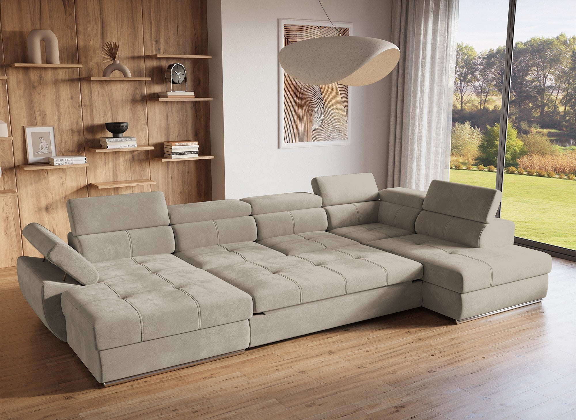 MARIANO Panorama-Sofa mit Stauraum aus taupefarbenem Samt – Linke Ecke