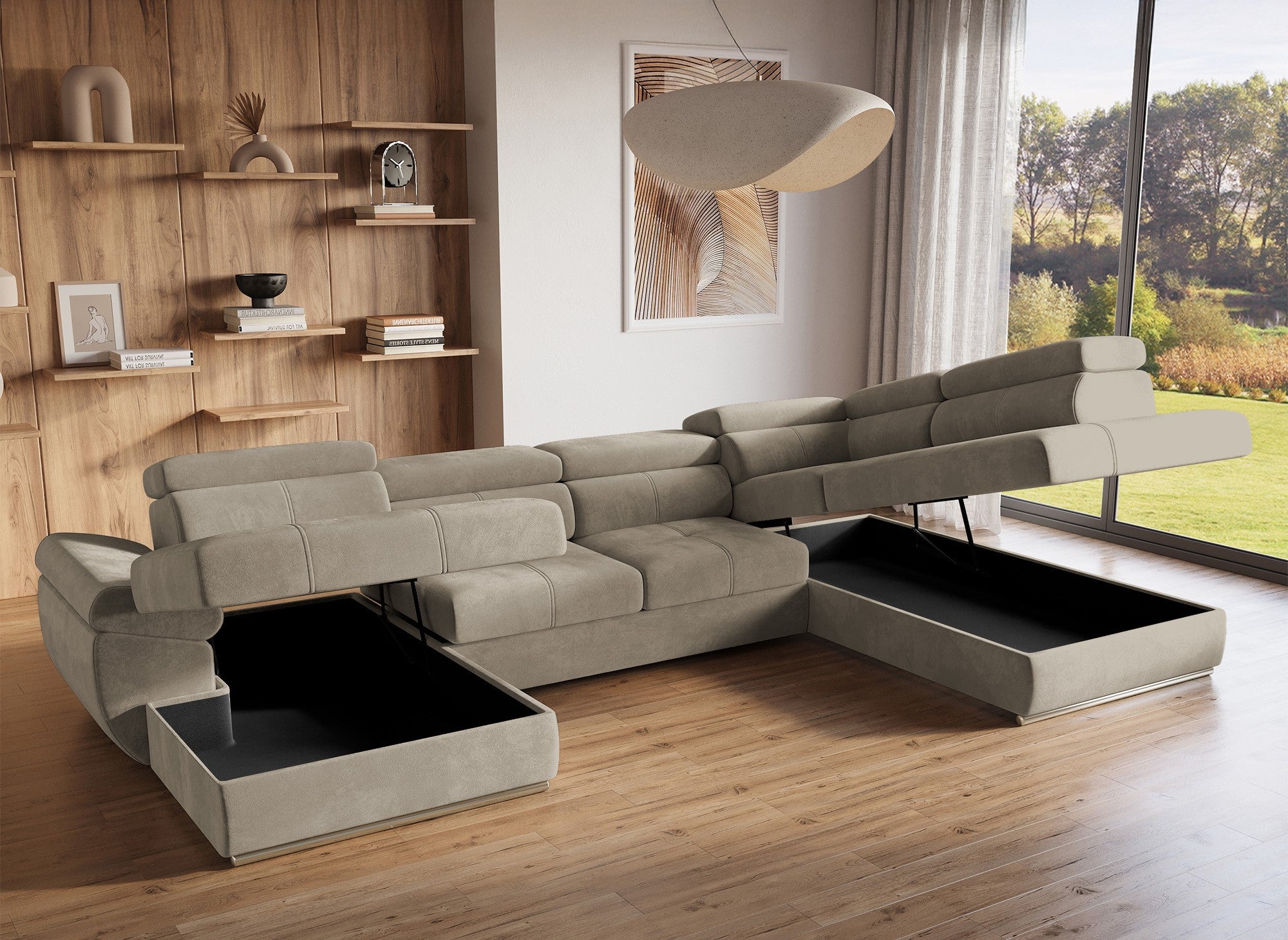 MARIANO Panorama-Sofa mit Stauraum aus taupefarbenem Samt – Linke Ecke