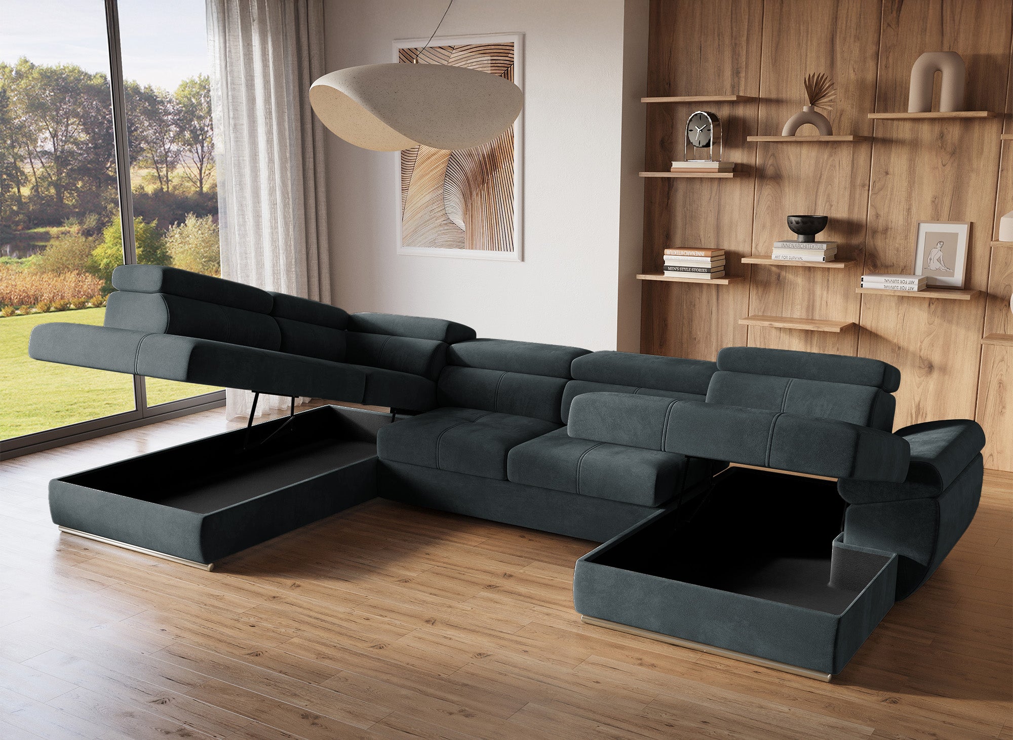 MARIANO Panorama-Sofa mit Stauraum aus grauem Samt – rechtwinklig