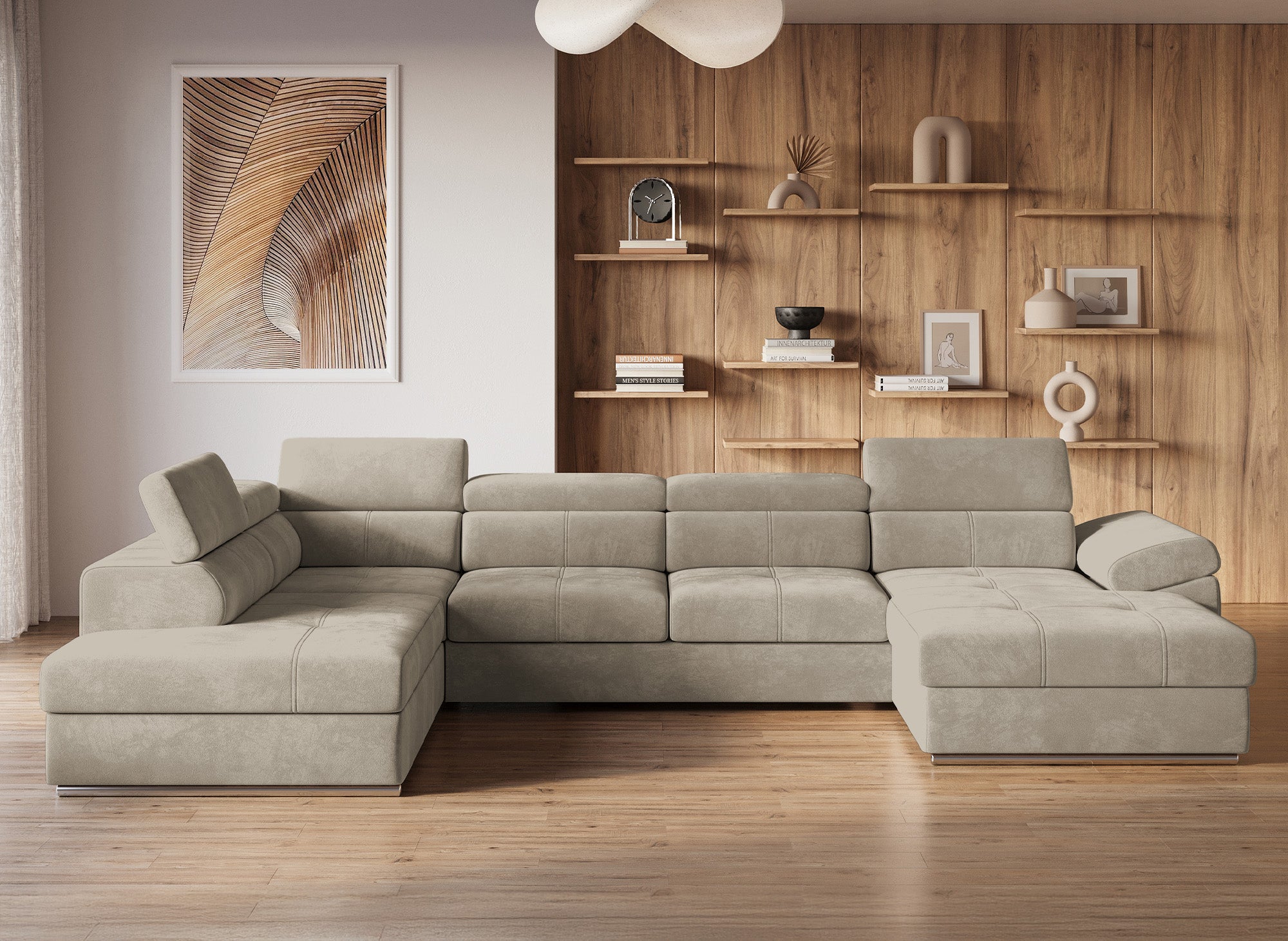 MARIANO Panorama-Sofa mit Stauraum aus taupefarbenem Samt – rechtwinklig