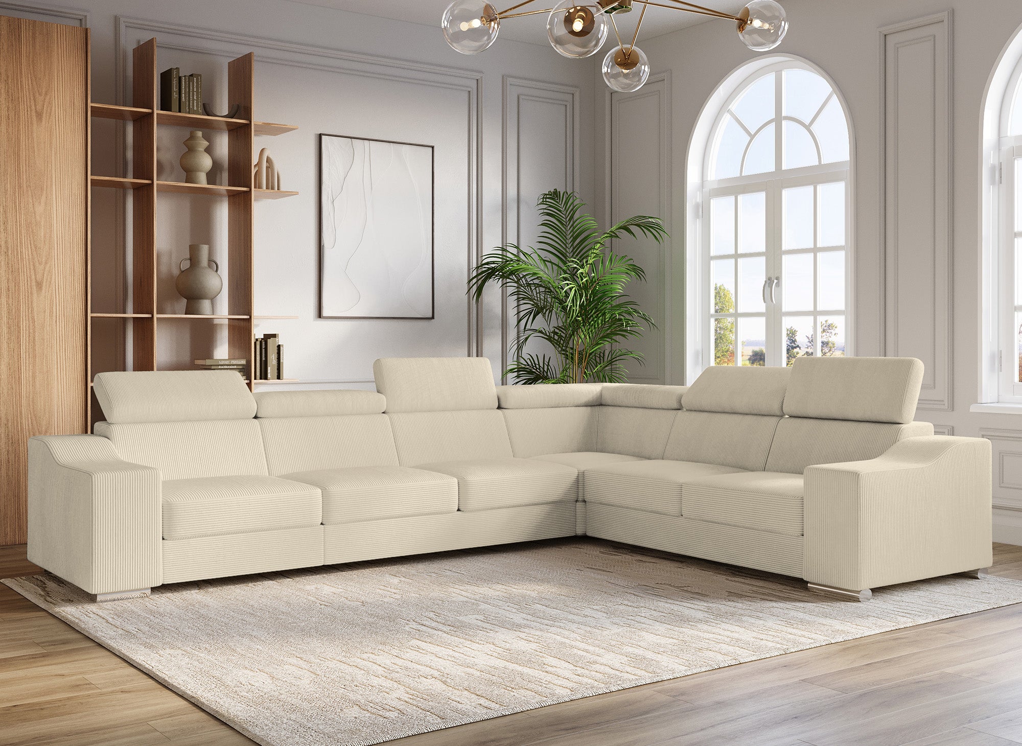 Ecksofa LEONIE aus beigefarbenem Cord, wendbar
