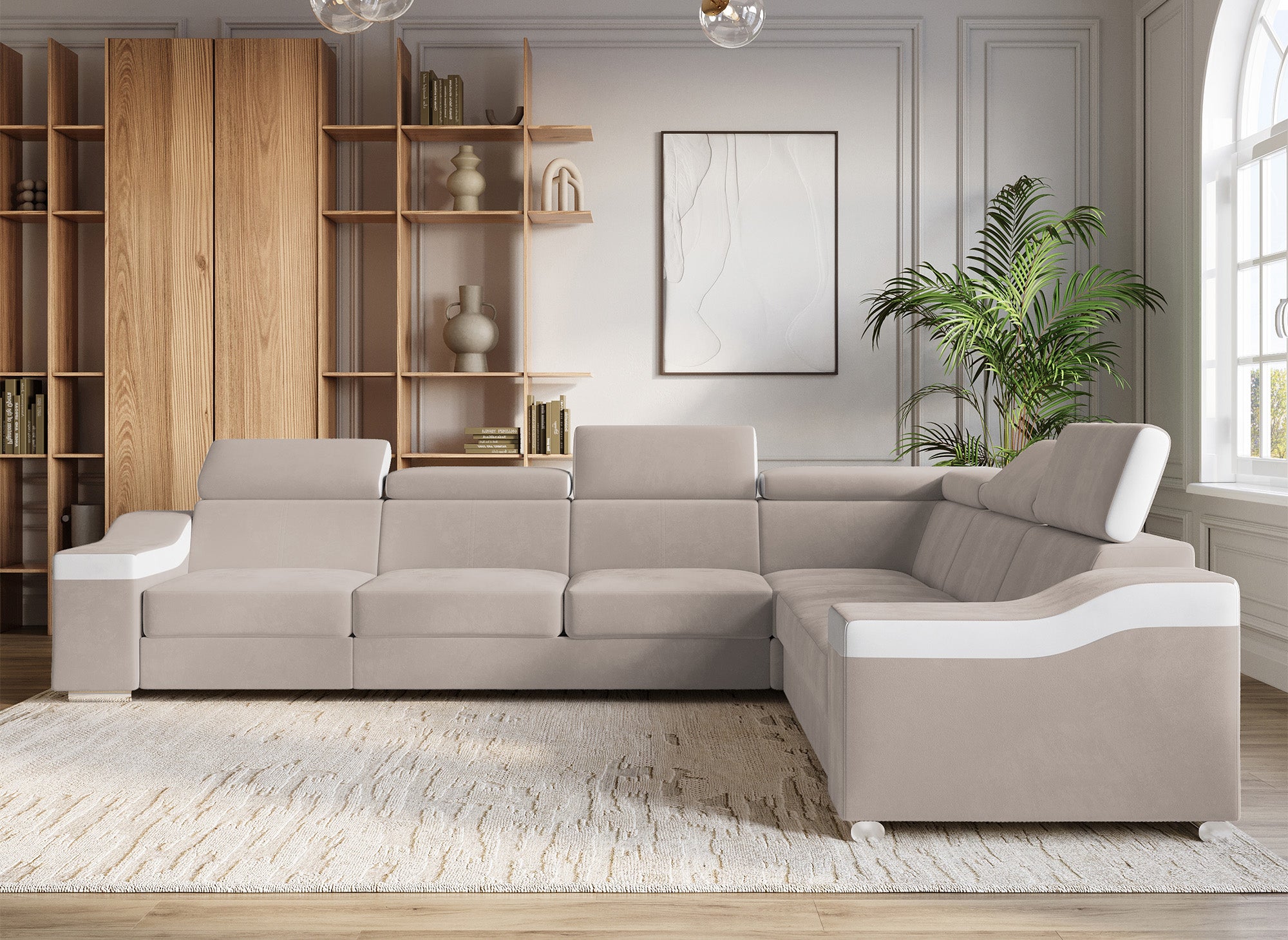 LEONIE Wende-Ecksofa aus beigem Samt und weißem Kunstleder