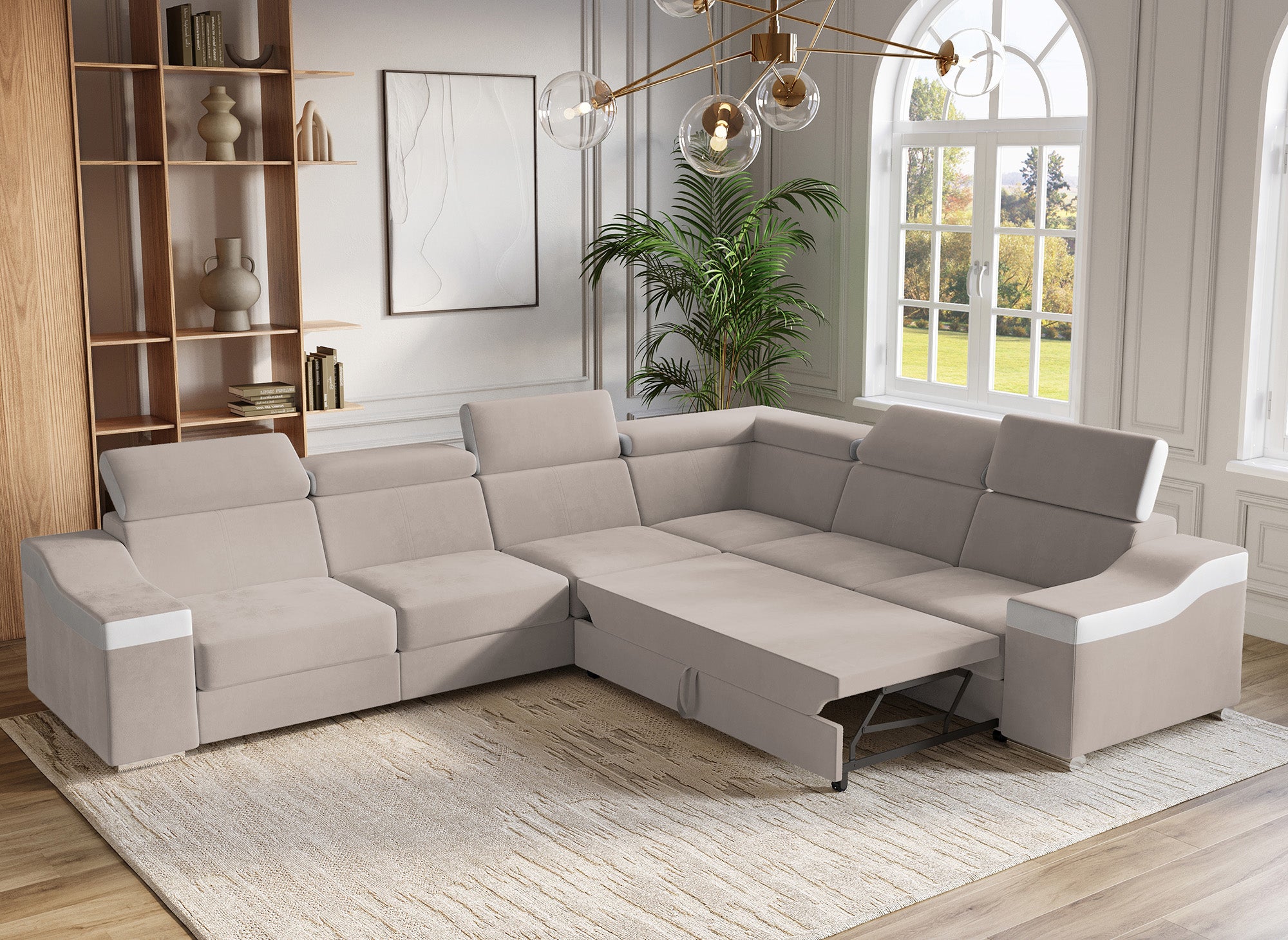 LEONIE Wende-Ecksofa aus beigem Samt und weißem Kunstleder