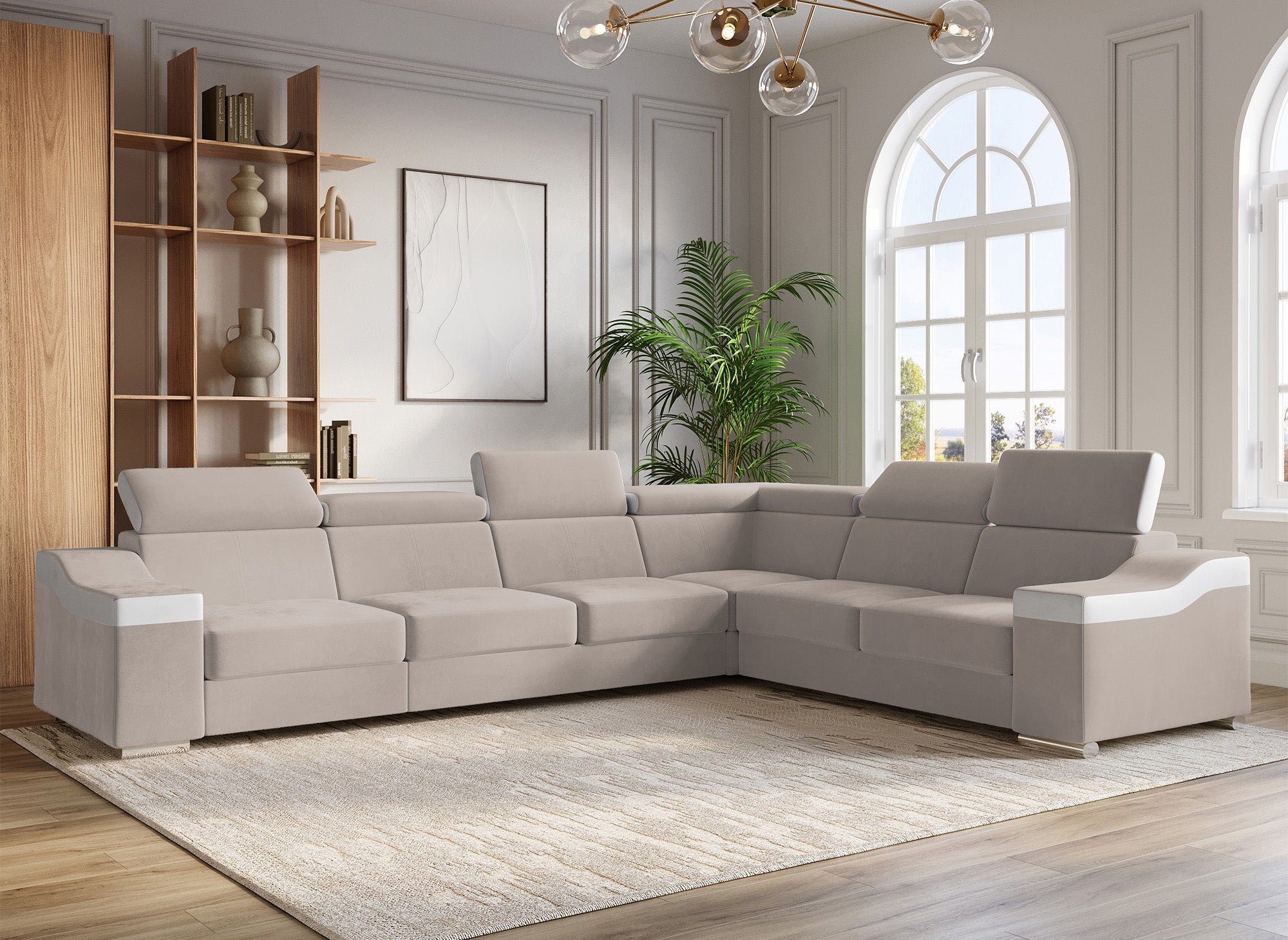 LEONIE Wende-Ecksofa aus beigem Samt und weißem Kunstleder