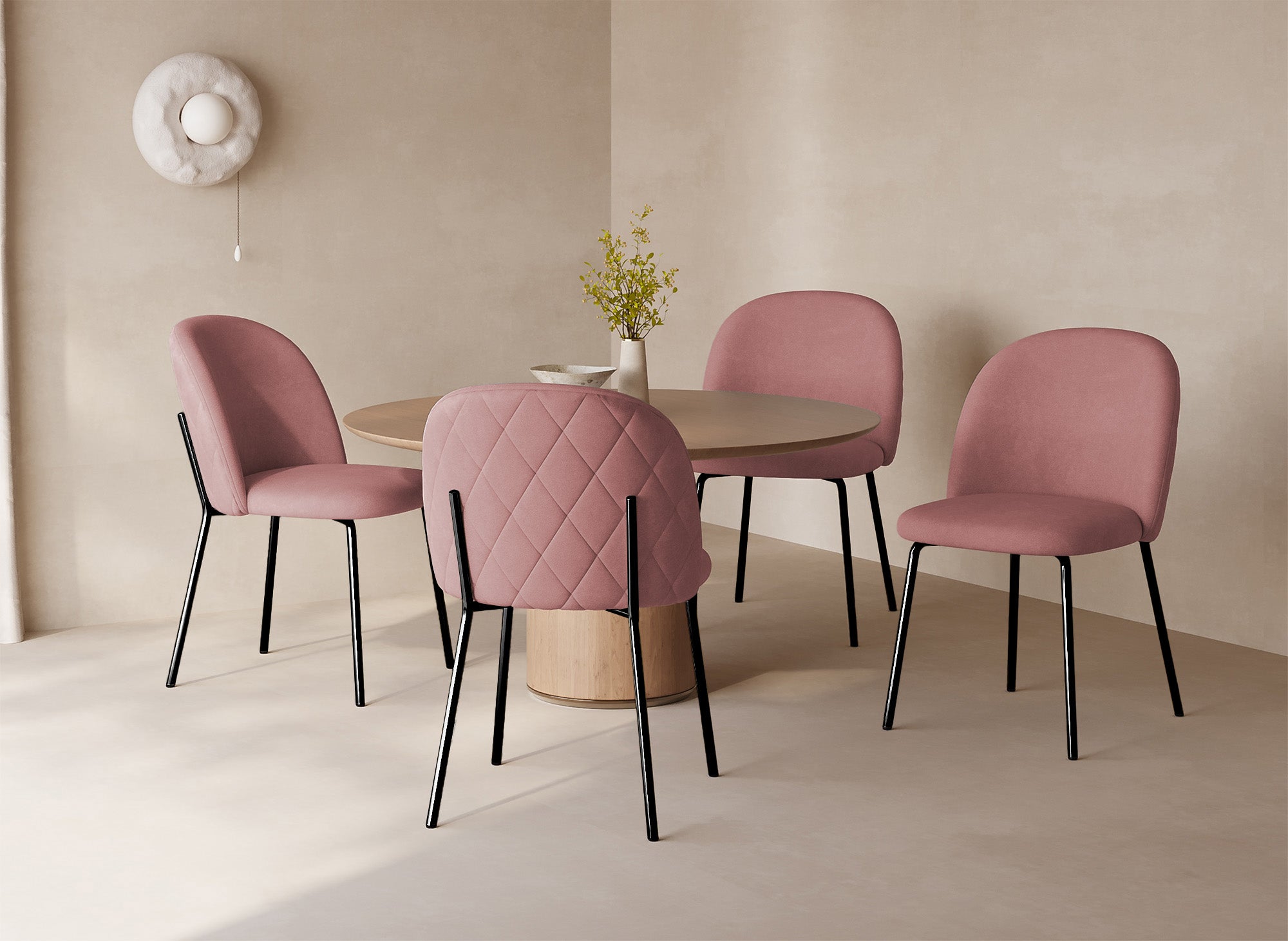 2er-Set Designerstühle aus rosa Samt mit schwarzen Beinen KENNETH
