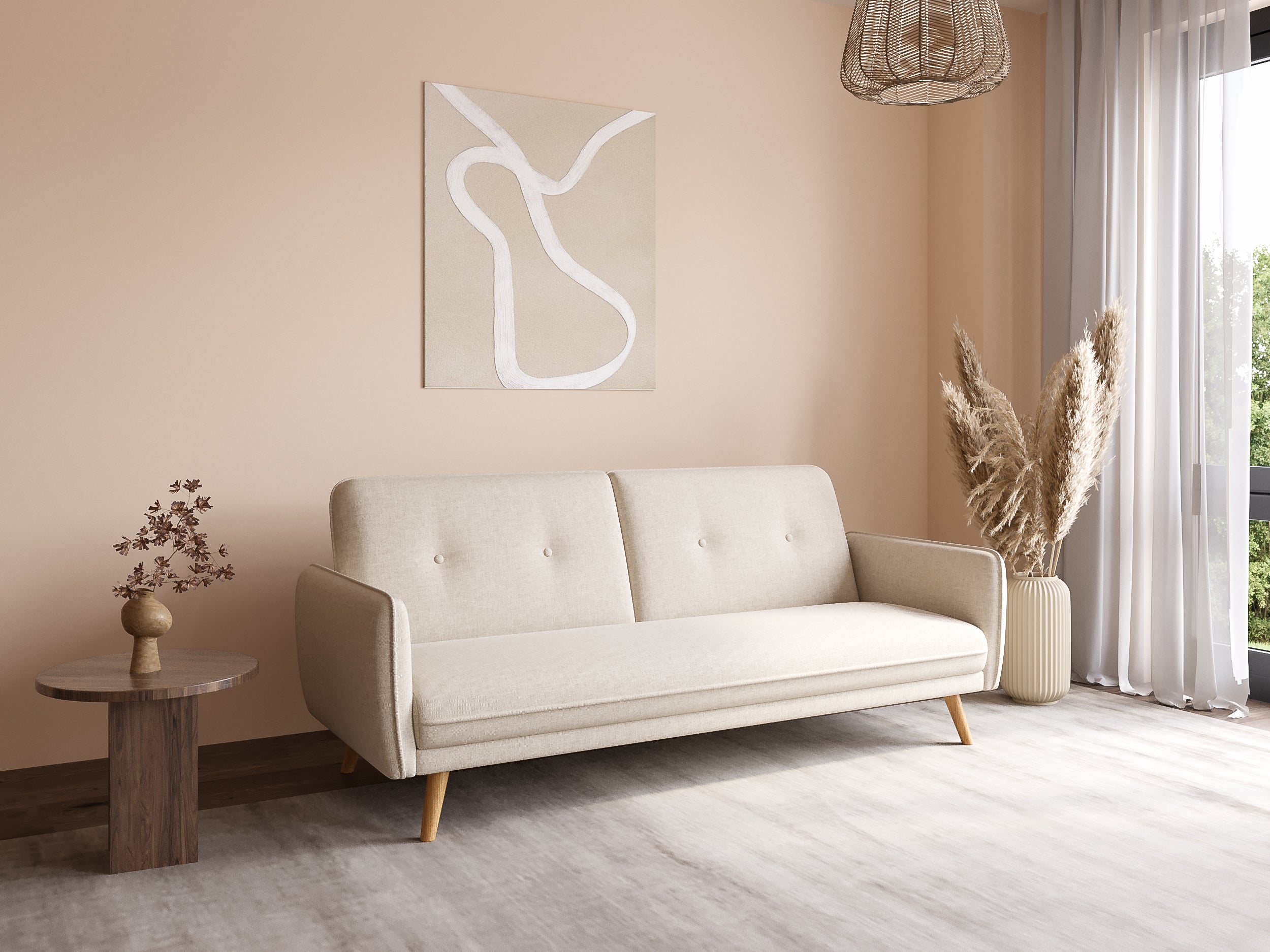 NATAL beiges Stoffschlafsofa mit Holzbeinen