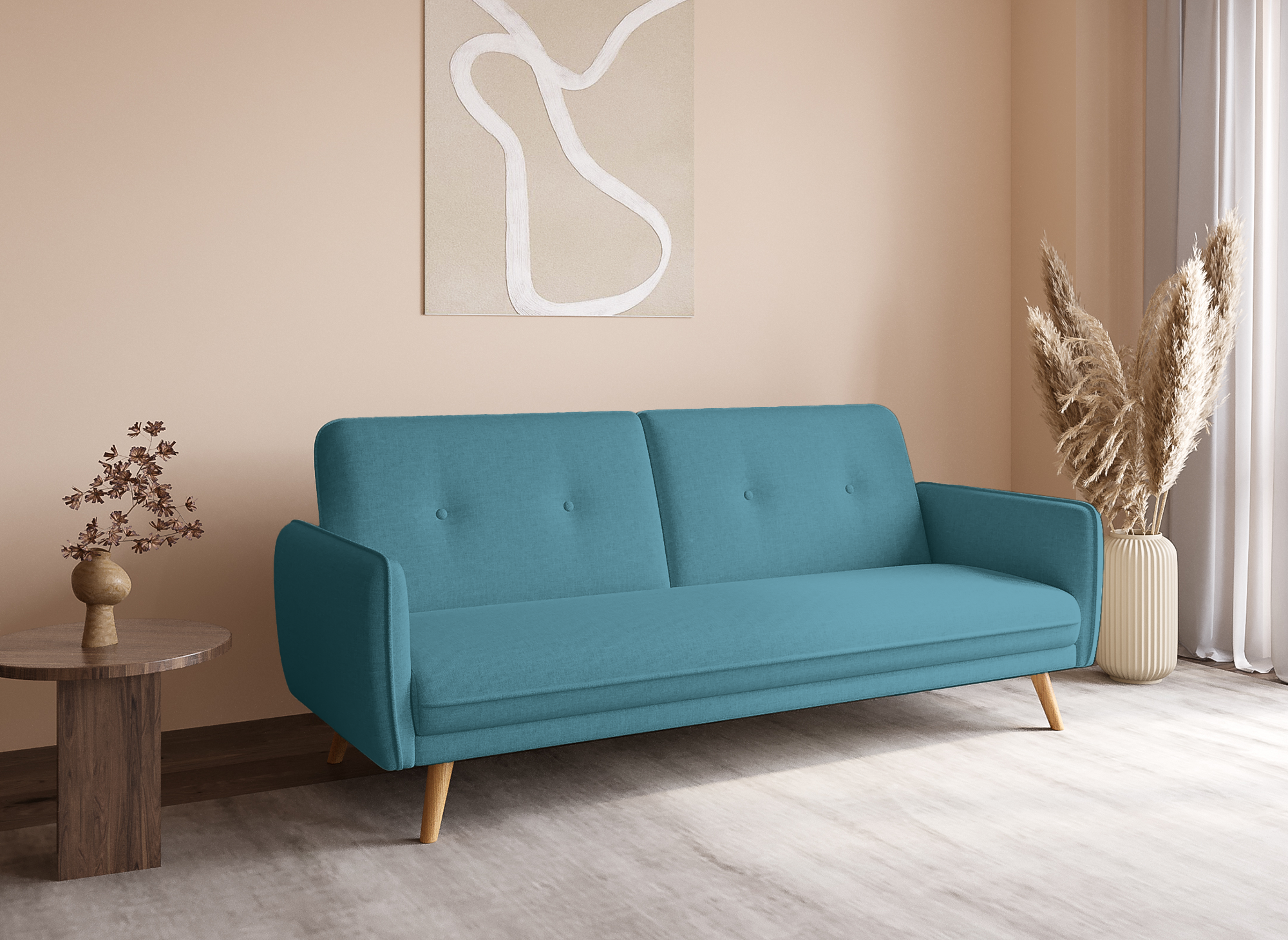 NATAL Schlafsofa aus blauem Stoff mit Holzbeinen