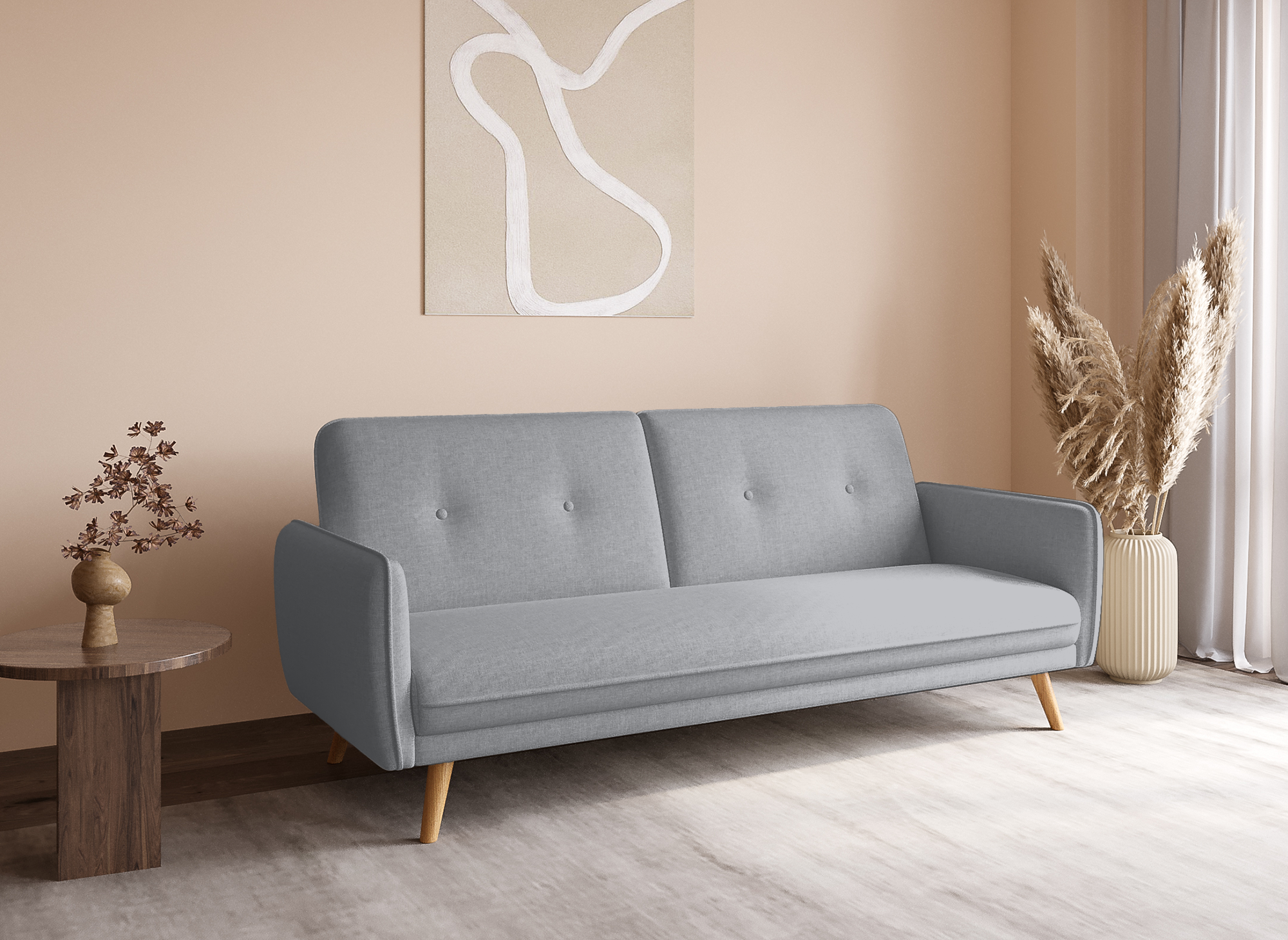 NATAL hellgraues Stoffschlafsofa mit Holzbeinen