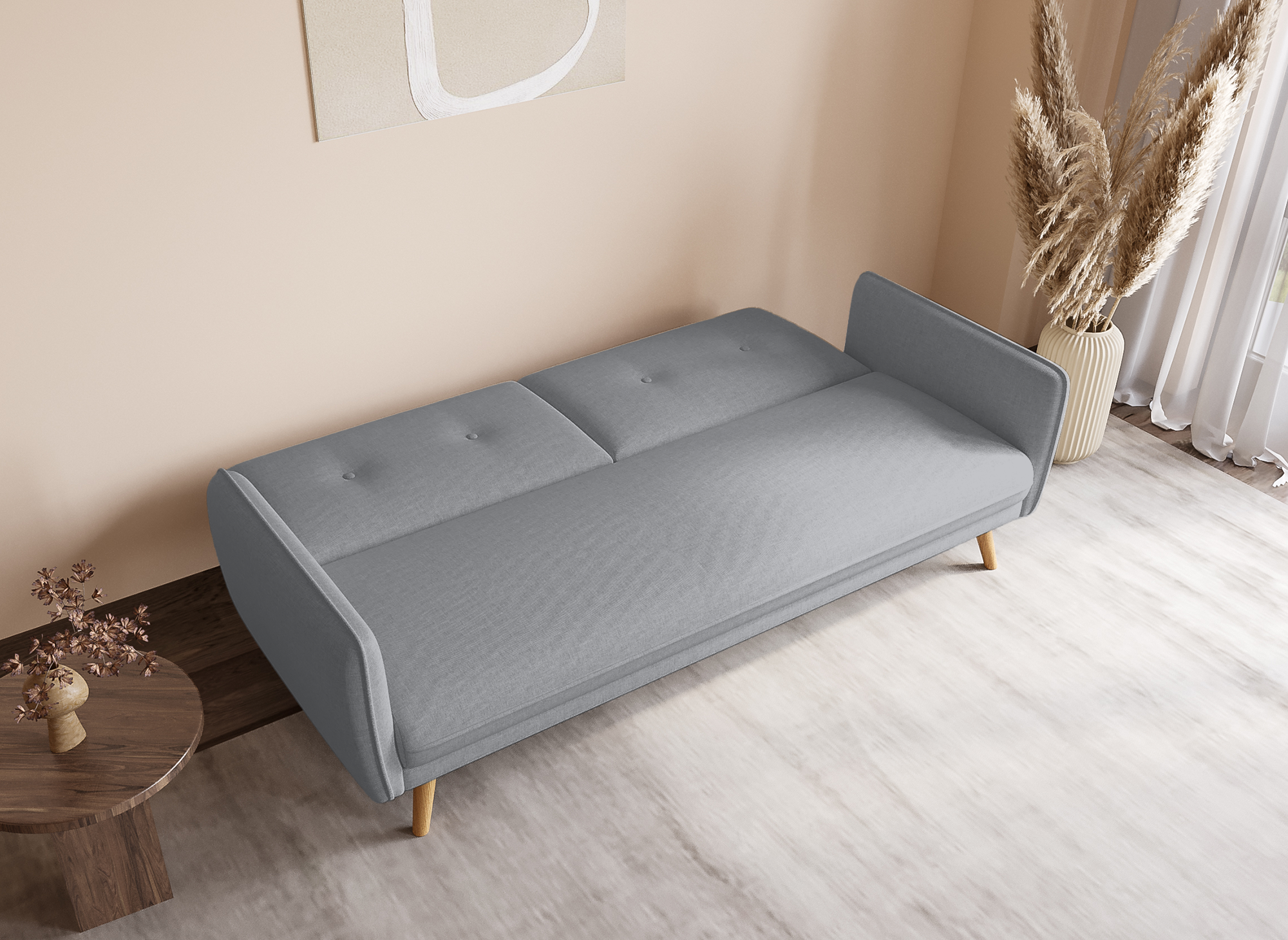 NATAL hellgraues Stoffschlafsofa mit Holzbeinen