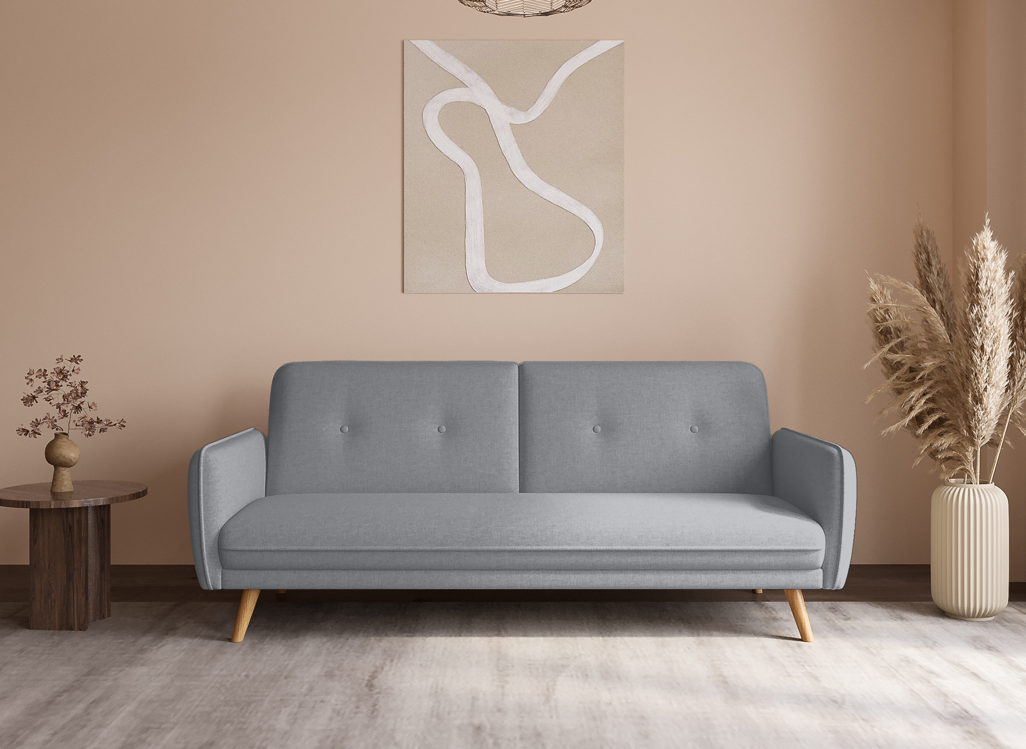 NATAL hellgraues Stoffschlafsofa mit Holzbeinen