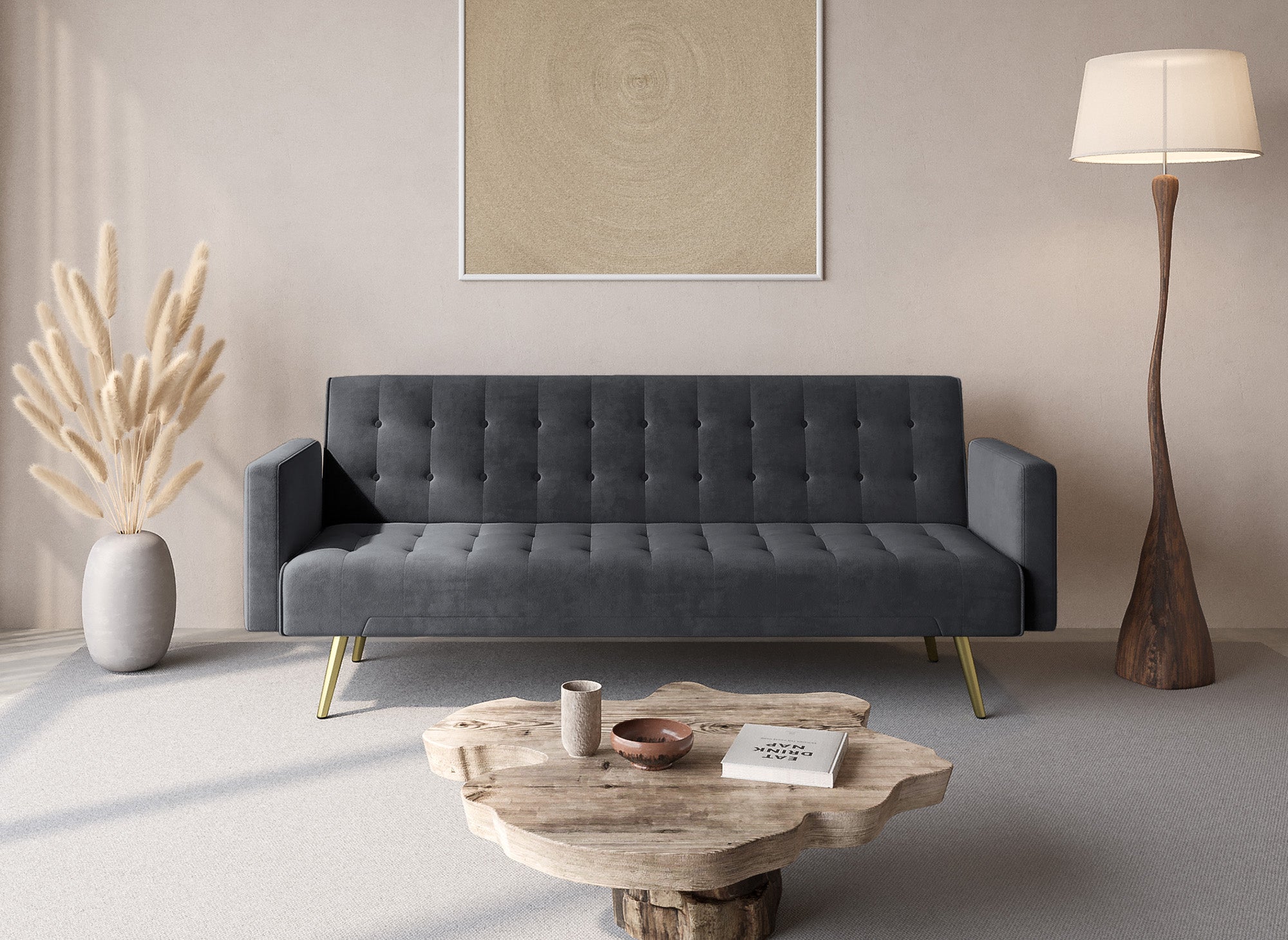 CHICAGO dunkelgraues Samtschlafsofa mit goldenen Metallbeinen