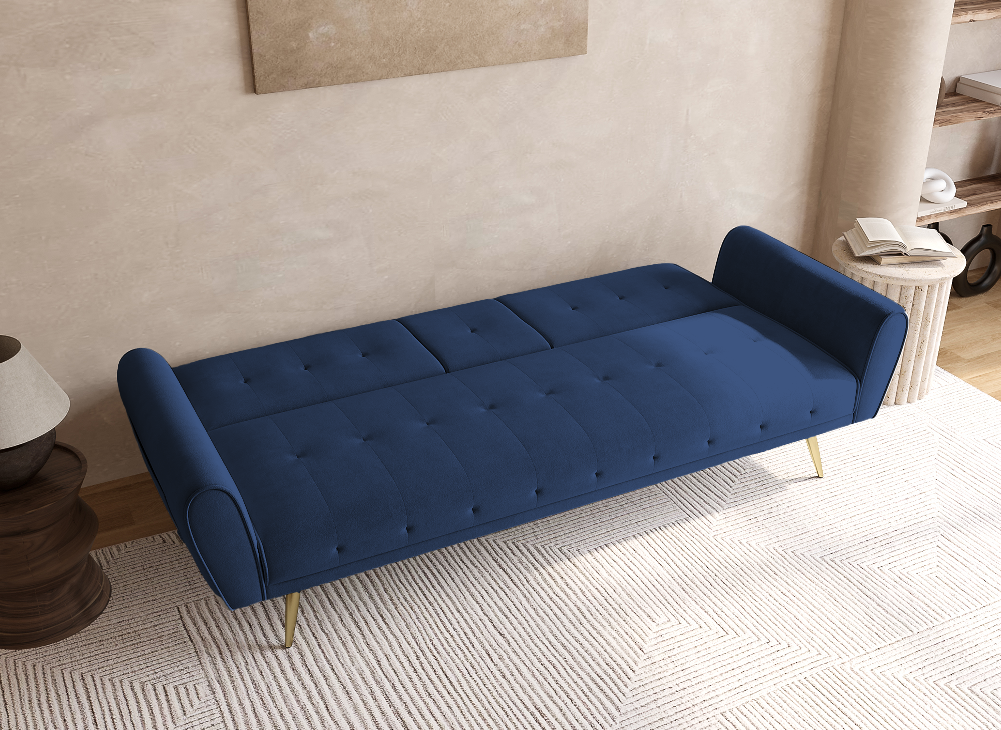 LIMA dunkelblaues Samtschlafsofa mit Getränkehalter