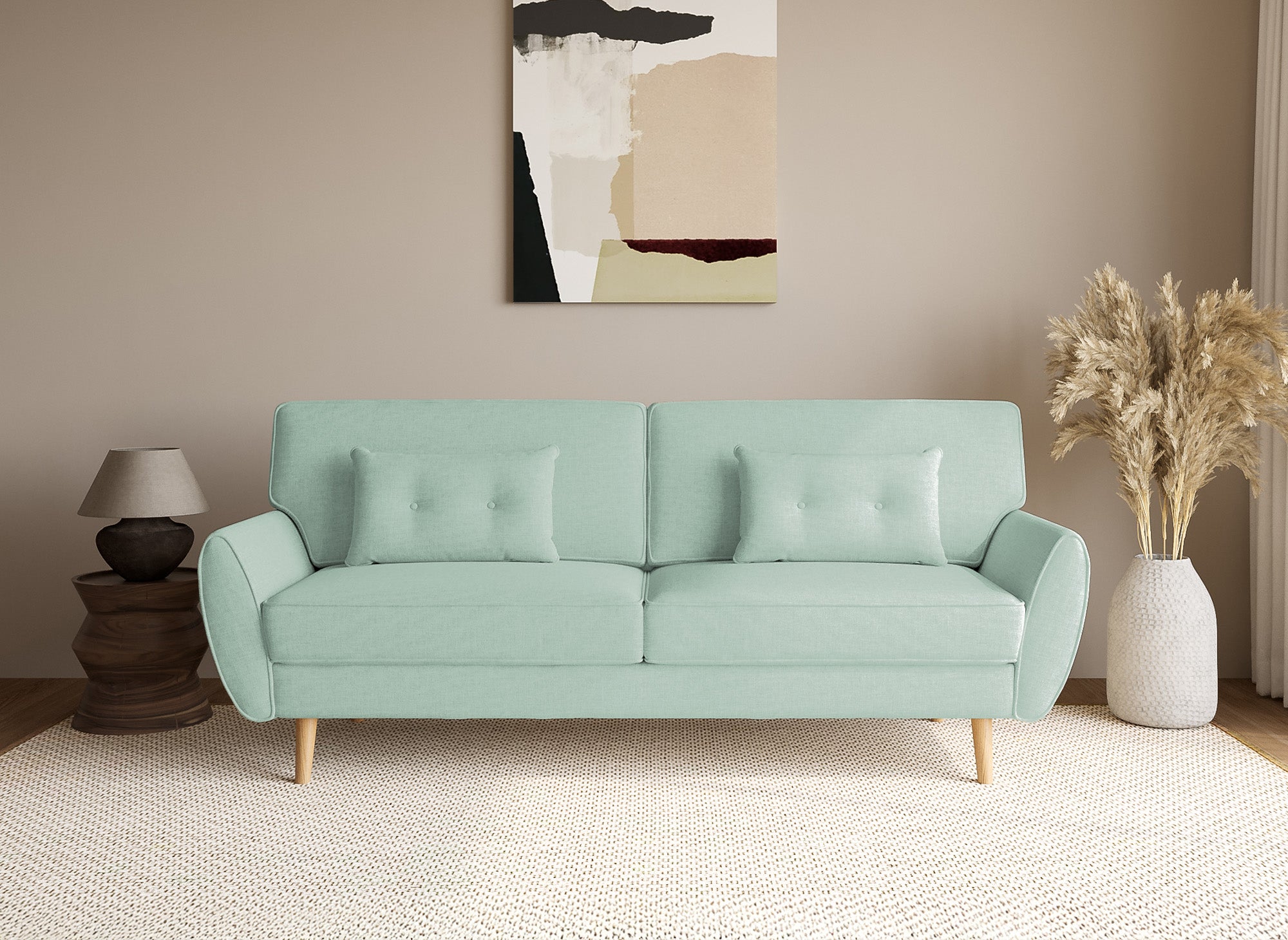 PANAMA Schlafsofa aus wassergrünem Stoff mit Holzbeinen