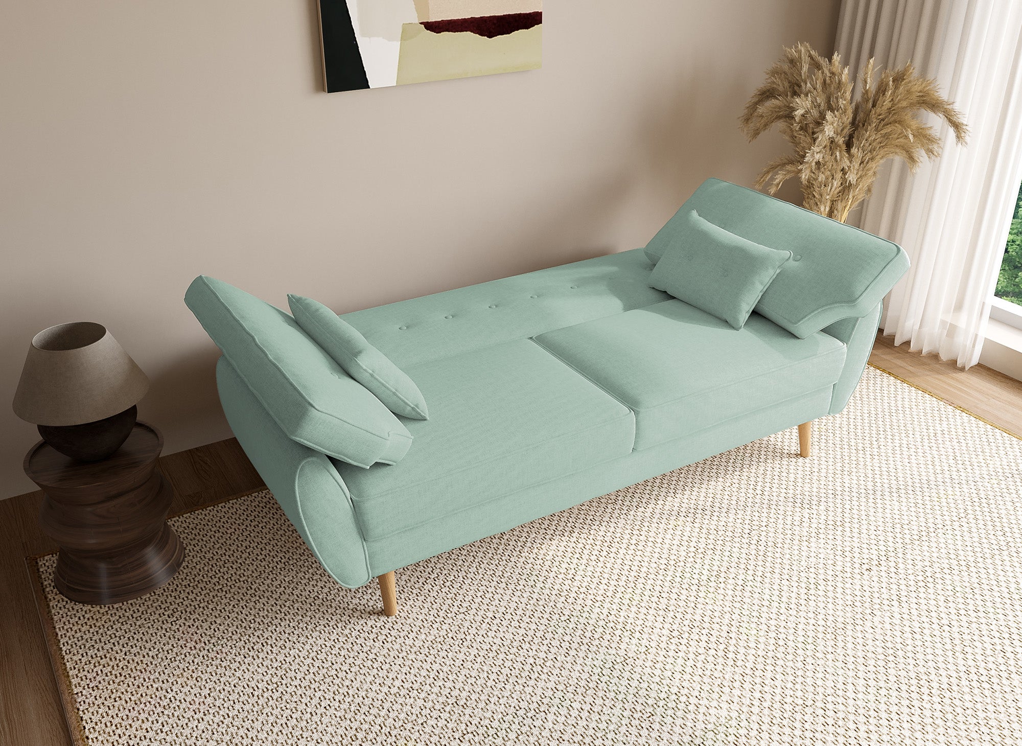 PANAMA Schlafsofa aus wassergrünem Stoff mit Holzbeinen