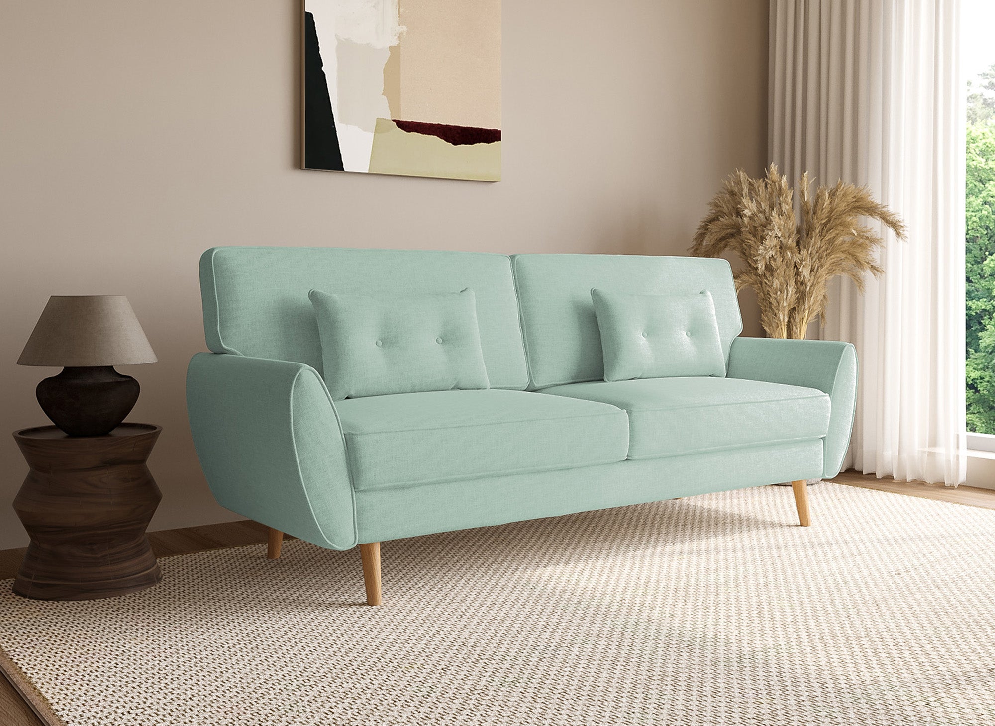 PANAMA Schlafsofa aus wassergrünem Stoff mit Holzbeinen