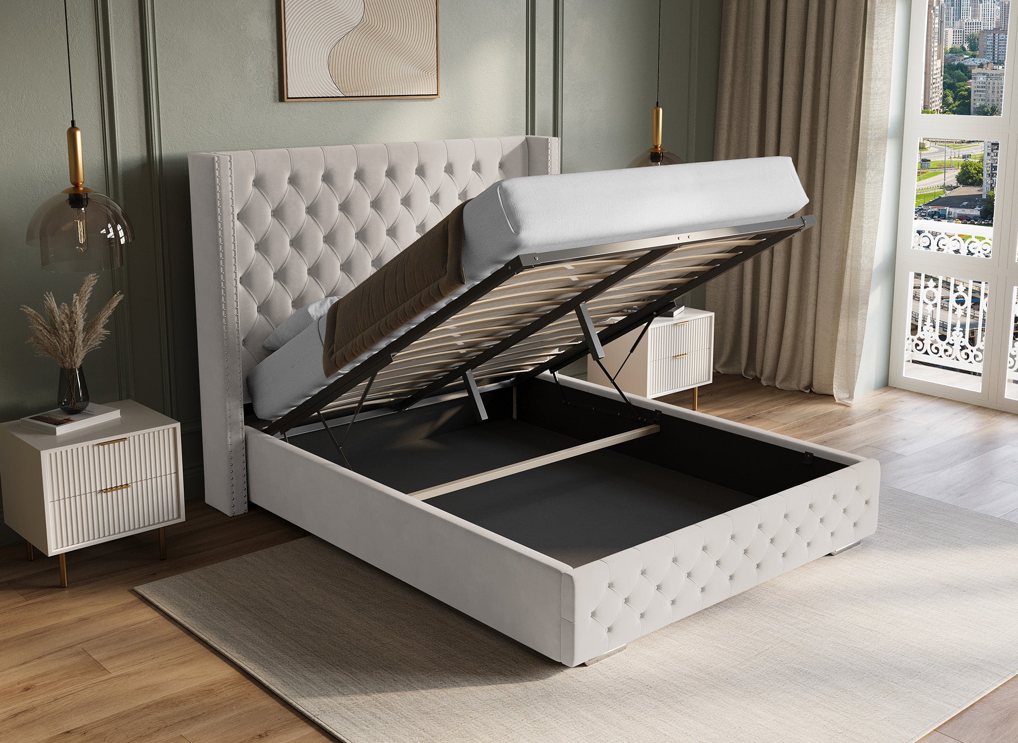 Beiges Samtbett mit Stauraum 160x200 cm MAXI