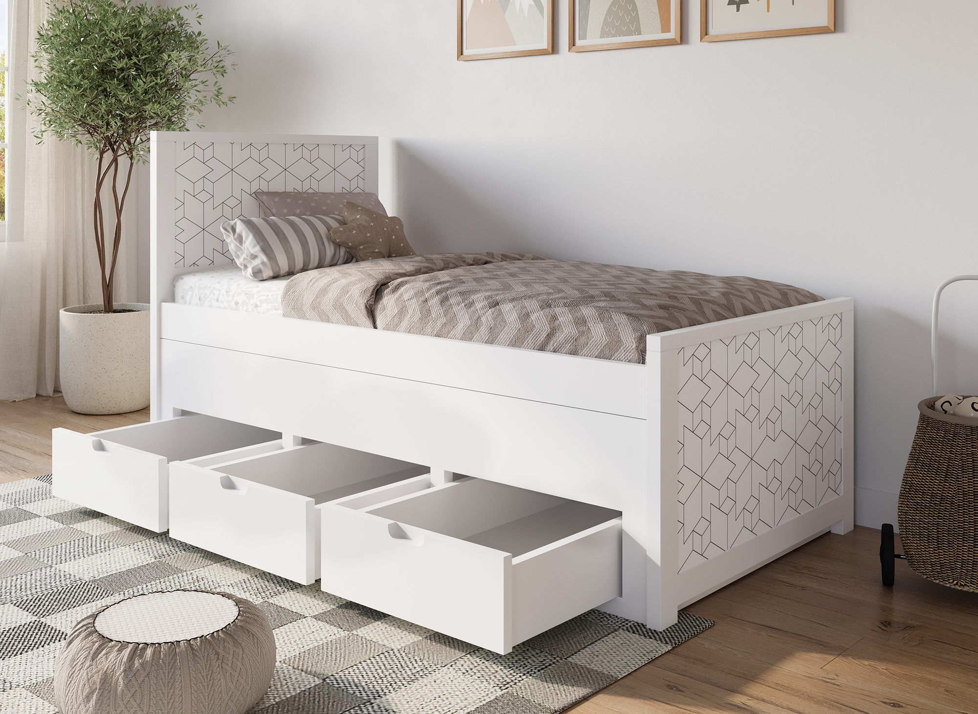 ENORA weißes Ausziehbett aus Holz mit Schubladen 90 x 190 cm