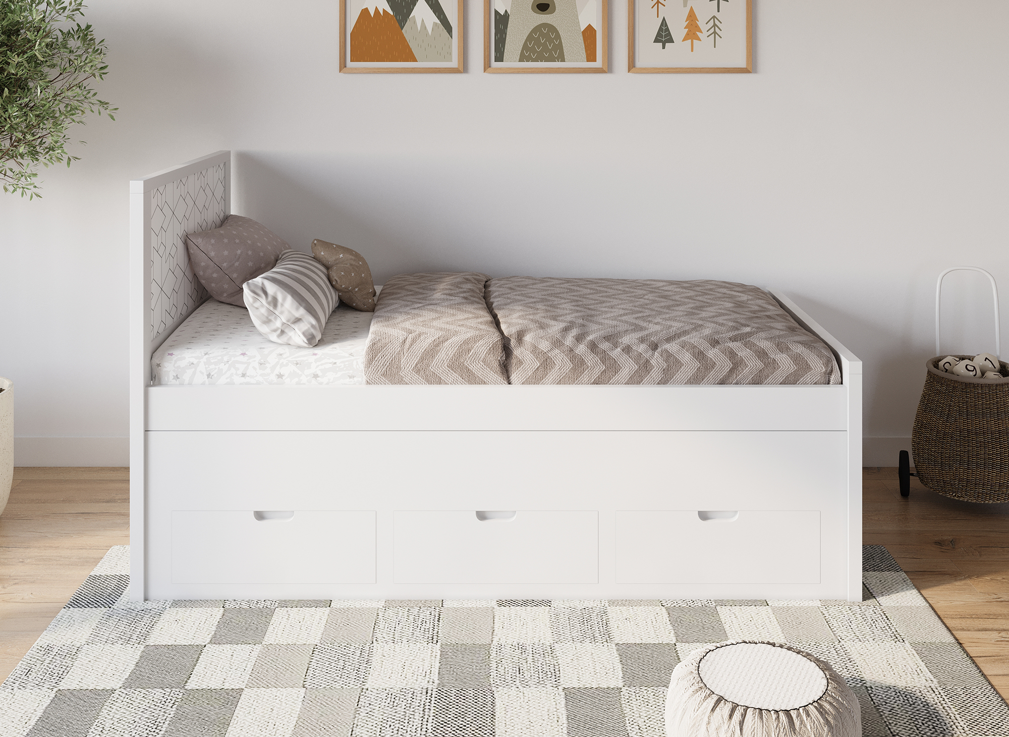 ENORA weißes Ausziehbett aus Holz mit Schubladen 90 x 190 cm