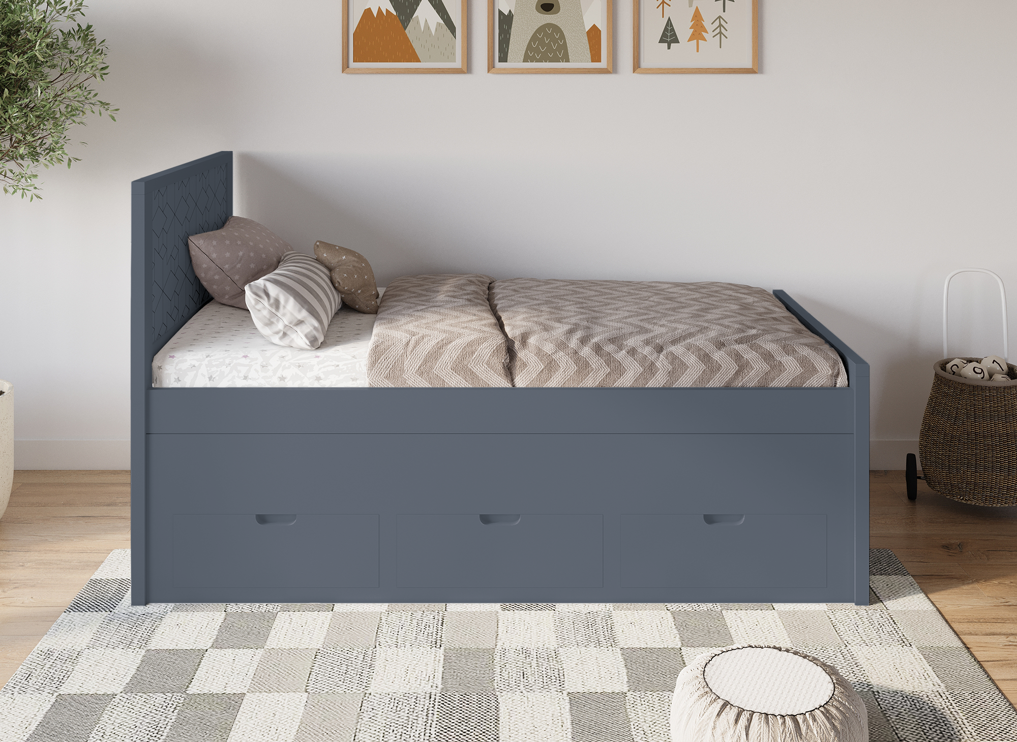 ENORA Ausziehbett aus grauem Holz mit Schubladen 90 x 190 cm