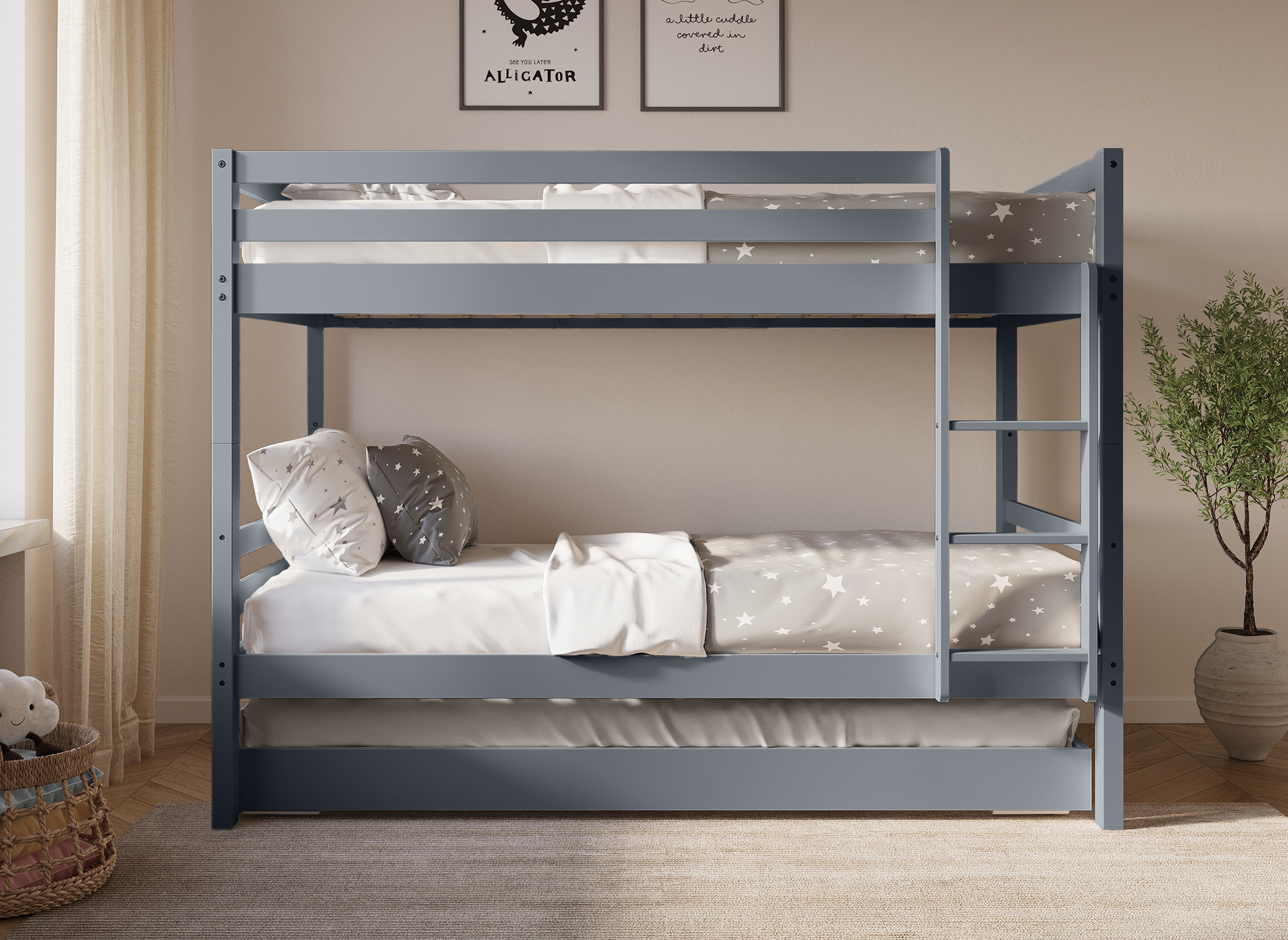 LEOPAUL graues Ausziehbett aus Holz für 3 Personen 90 x 190 cm