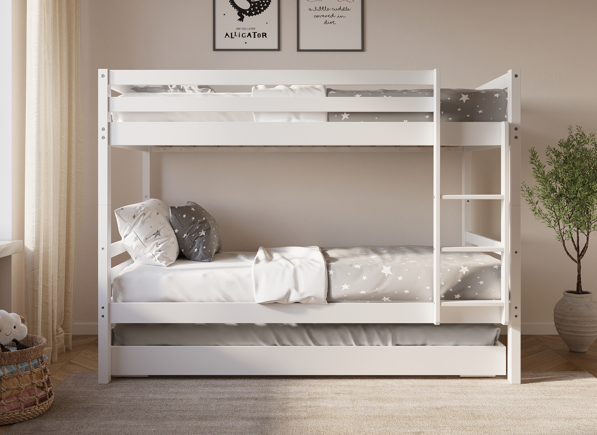 LEOPAUL weißes Ausziehbett aus Holz für 3 Personen 90 x 190 cm