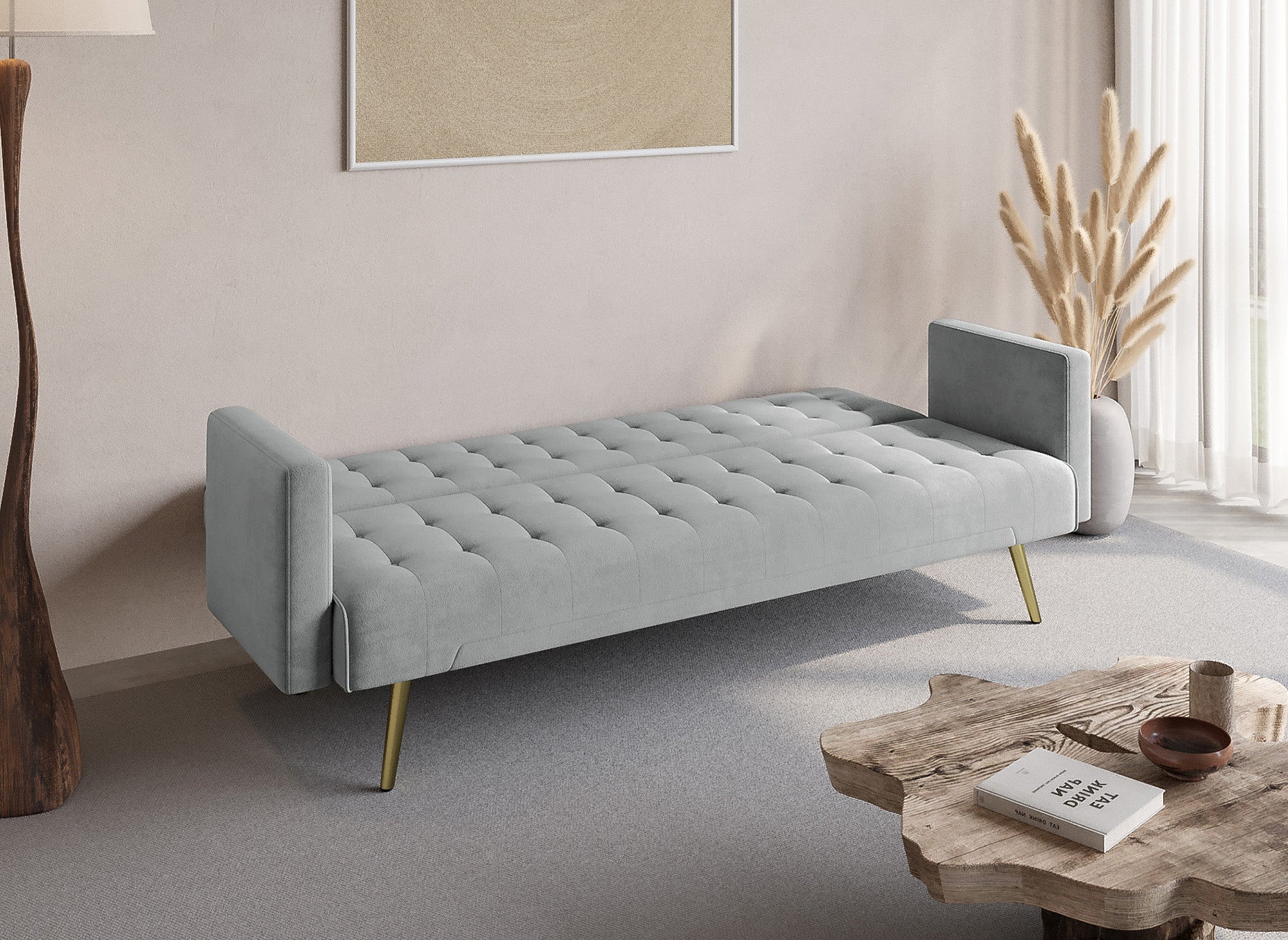 CHICAGO Schlafsofa aus grauem Samt mit goldenen Metallbeinen