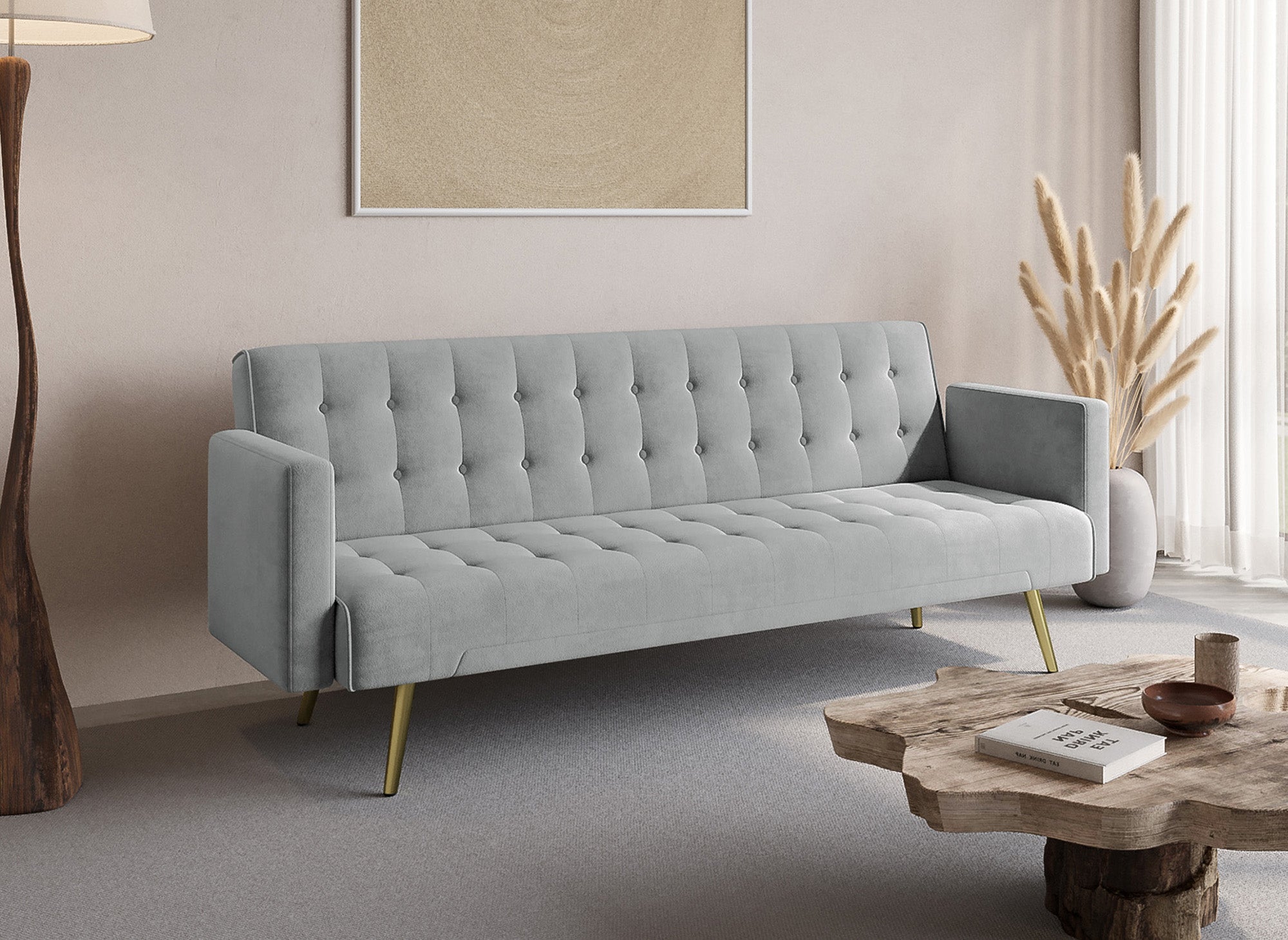 CHICAGO Schlafsofa aus grauem Samt mit goldenen Metallbeinen