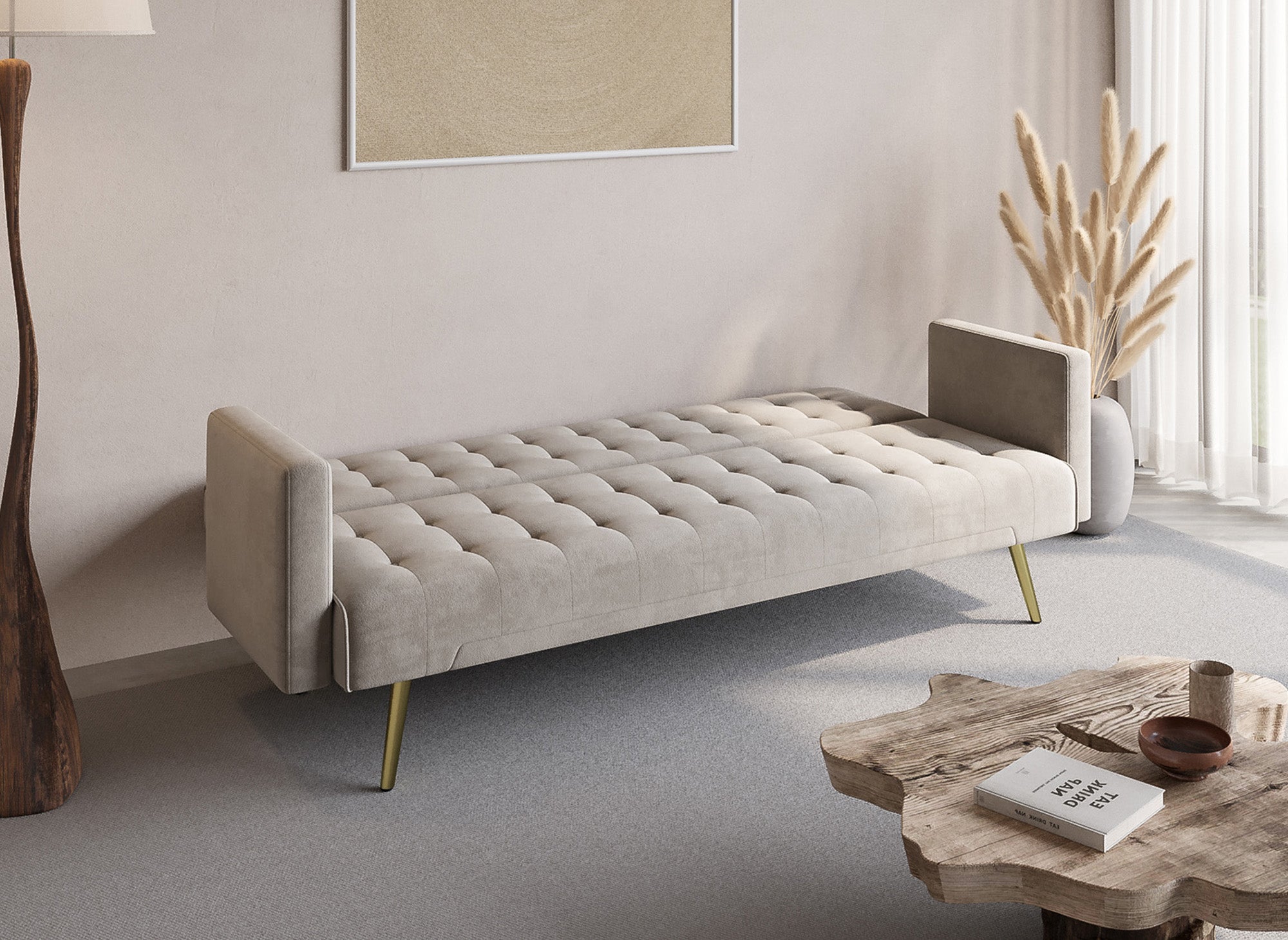 CHICAGO Schlafsofa aus beigefarbenem Samt mit goldenen Metallbeinen