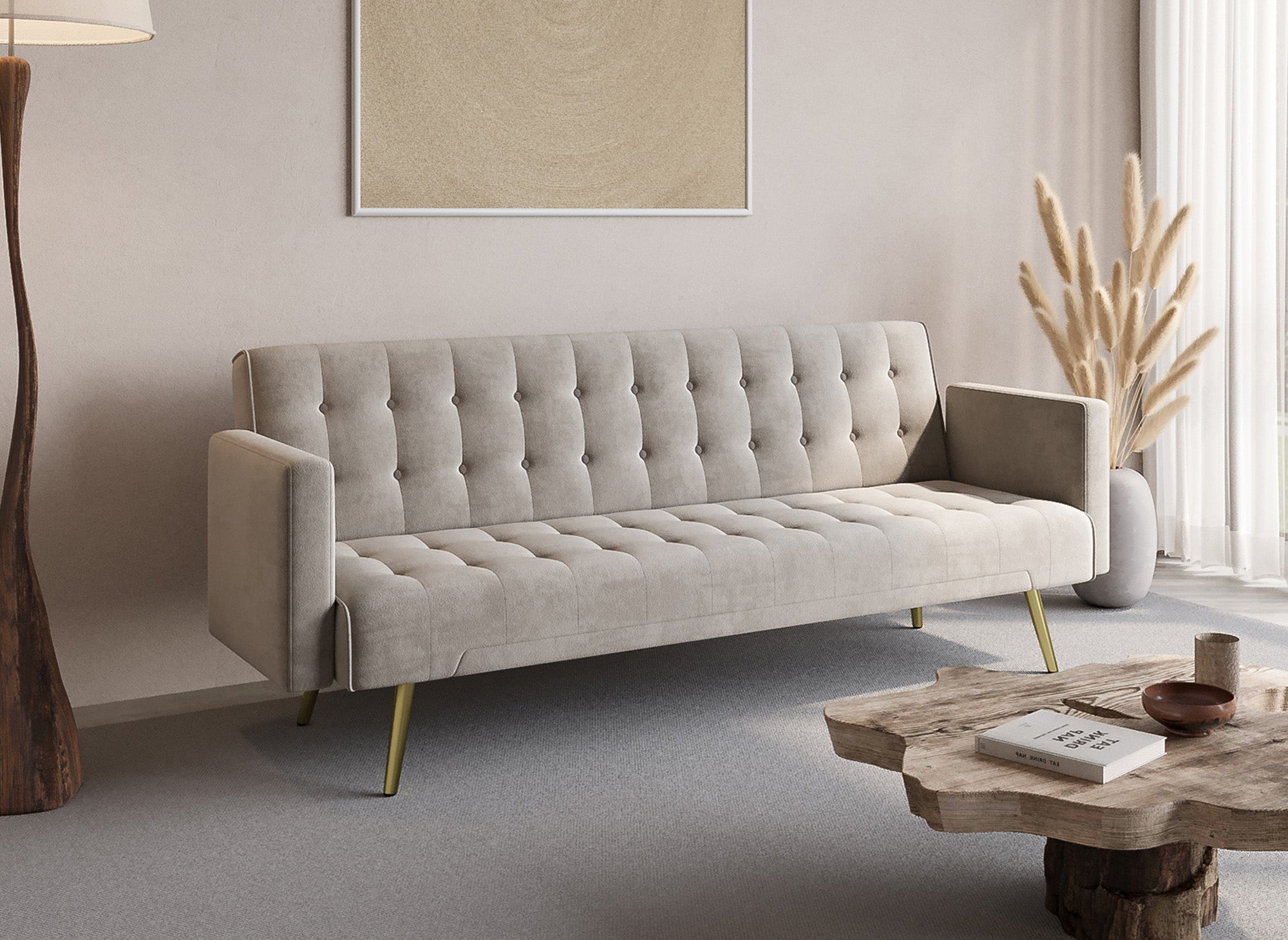 CHICAGO Schlafsofa aus beigefarbenem Samt mit goldenen Metallbeinen