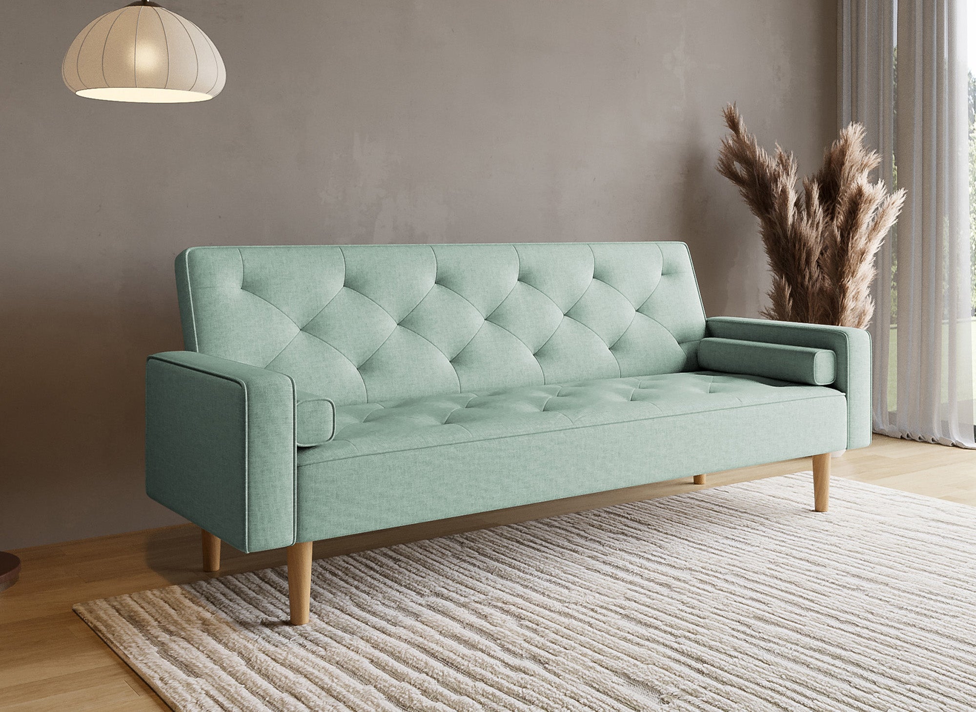 JAKARTA Wassergrünes Stoffschlafsofa mit Holzbeinen