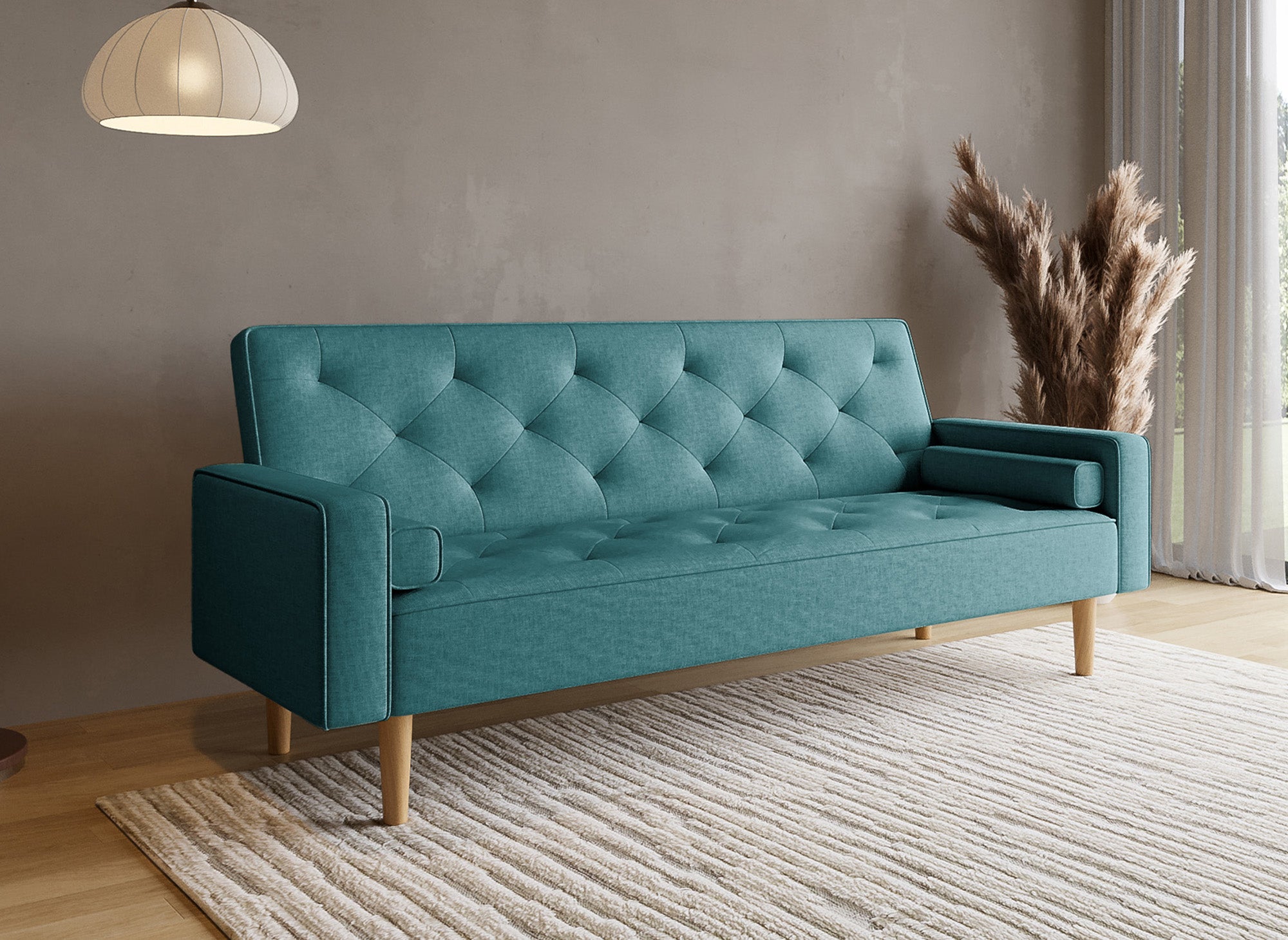 Blaues Stoffschlafsofa mit Holzbeinen JAKARTA