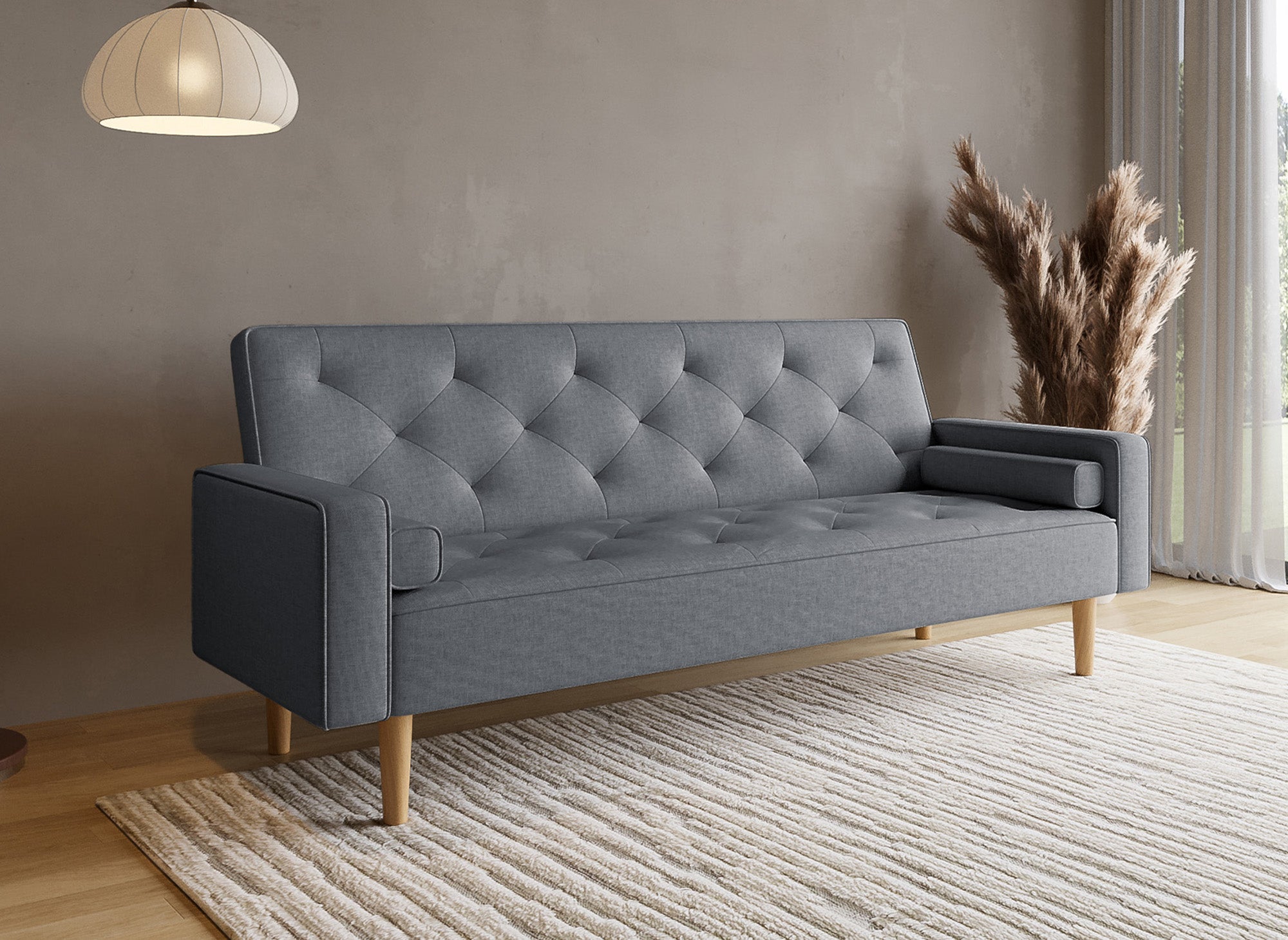 Dunkelgraues Stoffschlafsofa mit Holzbeinen JAKARTA