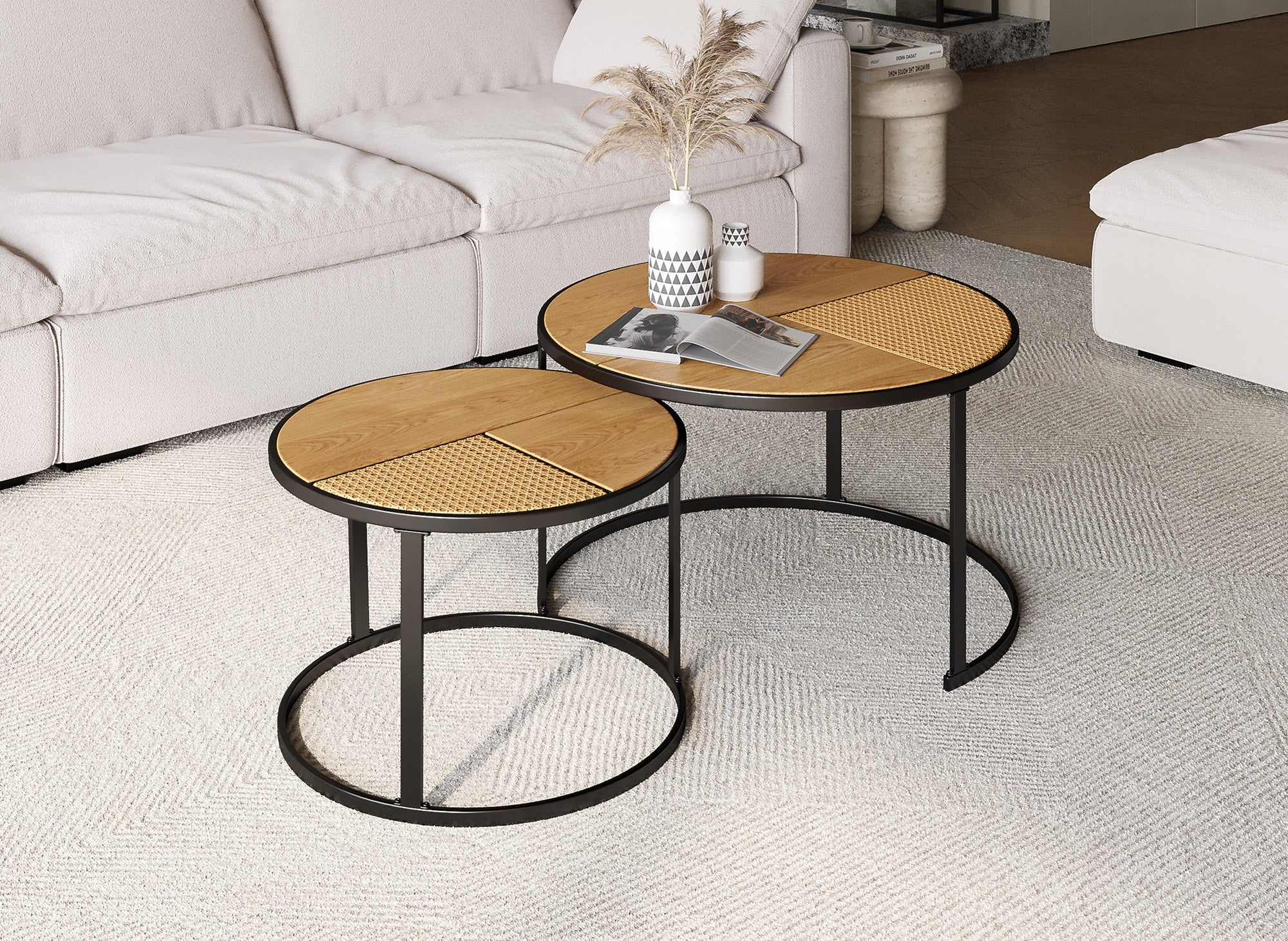 2er-Set JOTA runder Couchtische in Rattanoptik