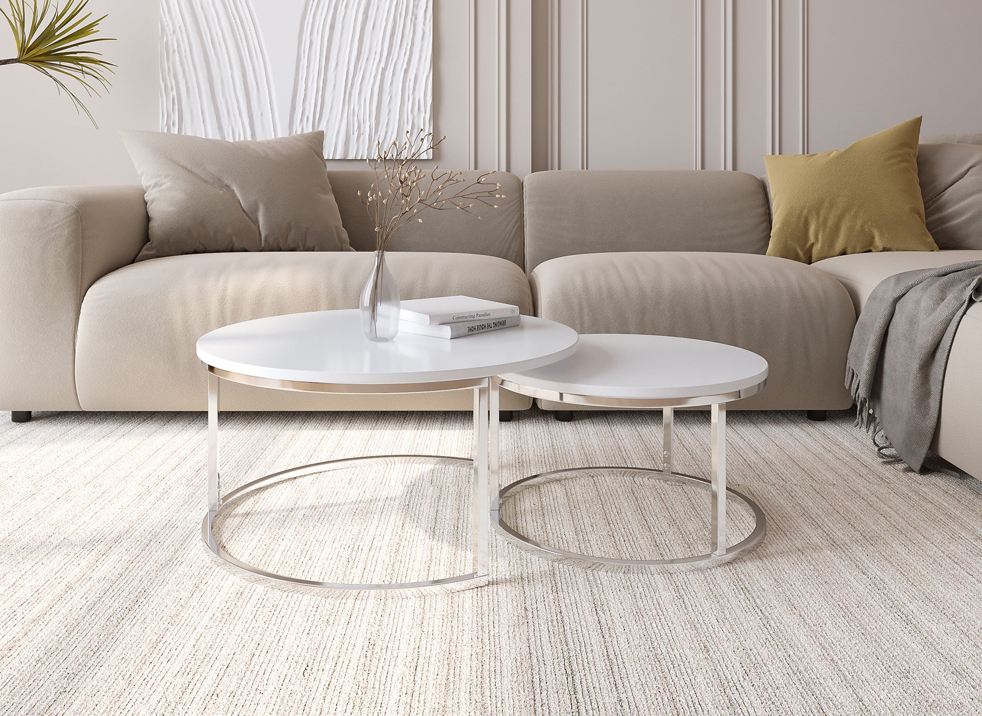 2er-Set runder weißer Couchtisch mit Chrombeinen RONY