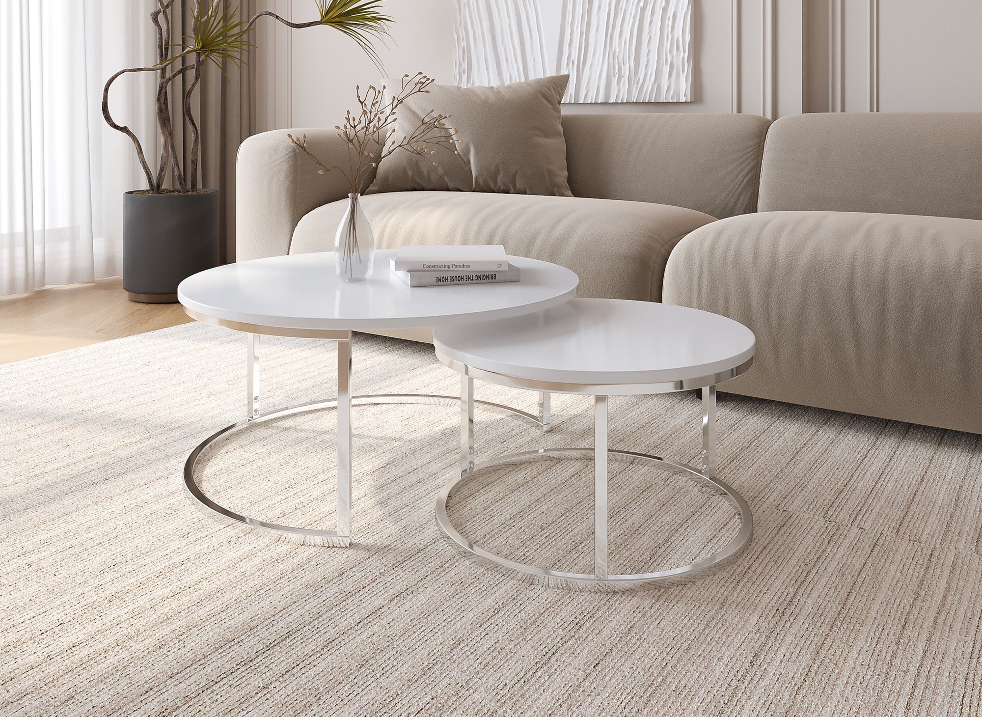 2er-Set runder weißer Couchtisch mit Chrombeinen RONY